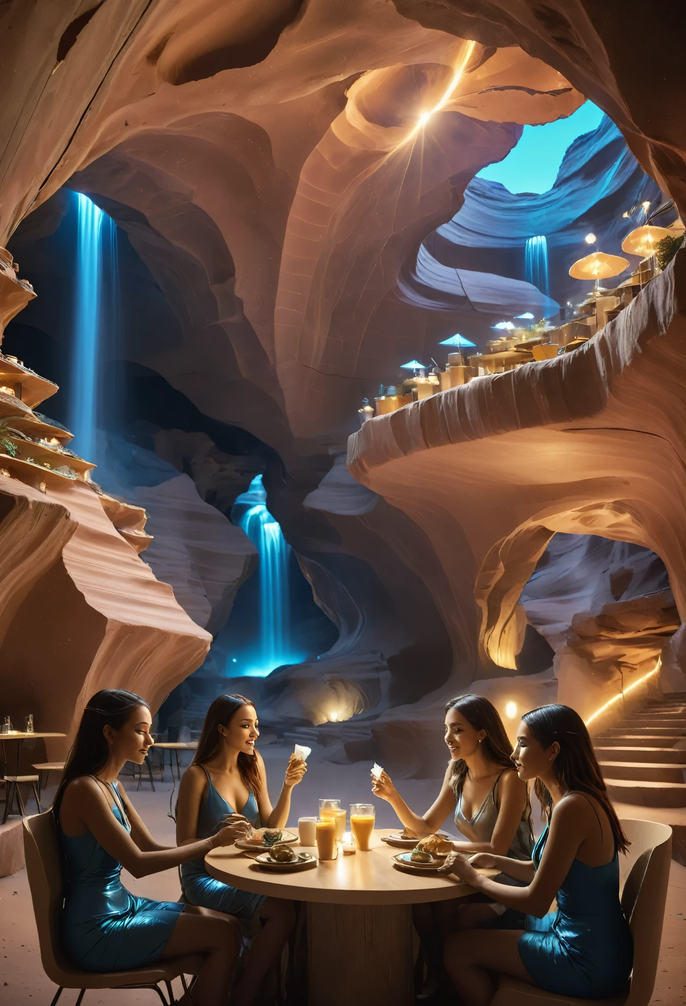 Underground  cave cafe in antelope canyon, 3 girls eating in front table, dim lights in cafe, neon blue dim lights, capture beautiful  terrain of antelope  canyon, friends with shopping bags, eating inside of lobby antelope canyon like cafe of ((Masterpiece))underground cave city, gray rocky surface which is covered with a thick layer of dust, futuristic sci-fi masterpiece, cybernetic residential beehive pod architecture designs carved inside of grand canyon caves, luxury cafe, realistic ,intricate, detailed ,modern, neo cave centric design,rocks,blue fountain, waterfalls,desert caves, organic futurism, indigenous futurism,futuristic vision, architecture styles of Rem Koolhaas,Daniel Libeskind, Jean Nouvel, Paolo Soleri, upstairs, balconies, futuristic facades, trending on art station, beautiful lighting,masterpiece, fantasy, intricate, award winning, 4k, highest quality render model:Real , heart shaped architecture ((masterpiece)),((best quality)),((high detail)),((realistic,)) Futurist era city, architectural streets, bazaars, cyberpunk, buildings, night, neon, summer, hot desert，Magnificent space image scene heavenly body 8K，super-fine, rocky walls. friends in blue eating in cafe. cafe bustling with people. people sitting in cafe.