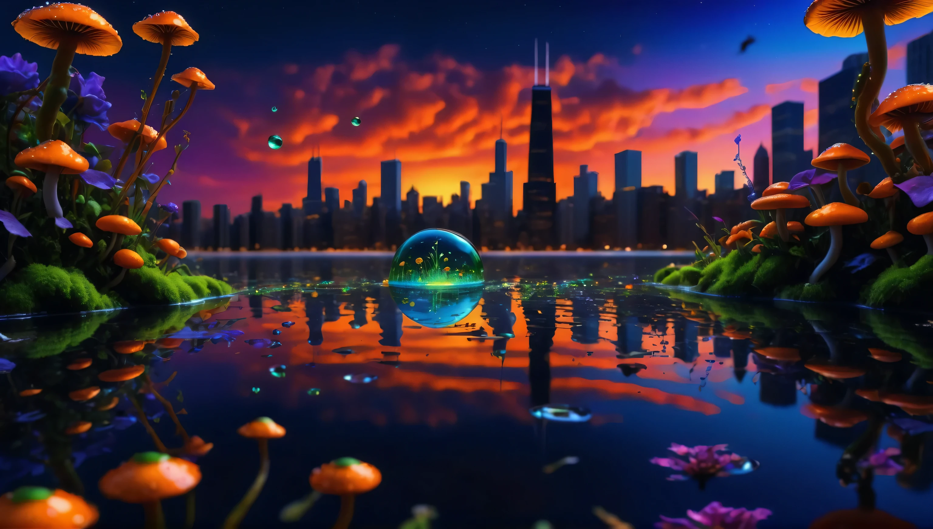 ((best quality)), ((masterpiece)), (Ultra detailed) Create a clean majestic city of Chicago at sunset, night time, with green moss growing on buildings showling Lake with sunset reflection in water, birds flying in background traveling into space, colorful green yellow blue red purple orange neon florescent planets in skys (masterpiece), shooting stars, solar eclipse above, (best quality), cyberpunk style, colorful water drops, very detailed 8k wallpaper, no logos, no letters, no symbols, peaceful trippy art, blue roses, greenish mushrooms, orange sky, portal in water with jellyfish