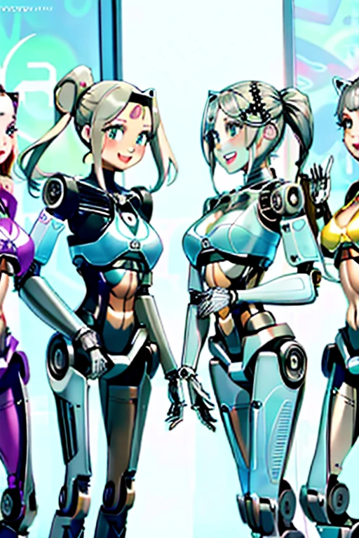 High resolution, Detailed Background, highest quality, Beautiful and dense face, Beautiful, smooth skin, Skin Texture, ((Three beautiful female robots in their twenties:1.5)), All of their internal skeletons are exposed.., Everything is mechanical except for the face., Full Body Shot, Cute hairstyle, Huge breasts, smile, They are all touching each other&#39;Body because they just had their maintenance done., 誰もが自分Bodyに誇りを持っている, All have floral and pastel colored internal skeletons, From ankle down, Feet in roller skates, The bright colors and patterns on the interior structure create a cute and glamorous look.., (Braided Ponytail、Cute hair cot#39;I&#39;I can&#39;t wait to go outside in my new body...、Looking at each other&#39;Body、Laughter、smile、smile)