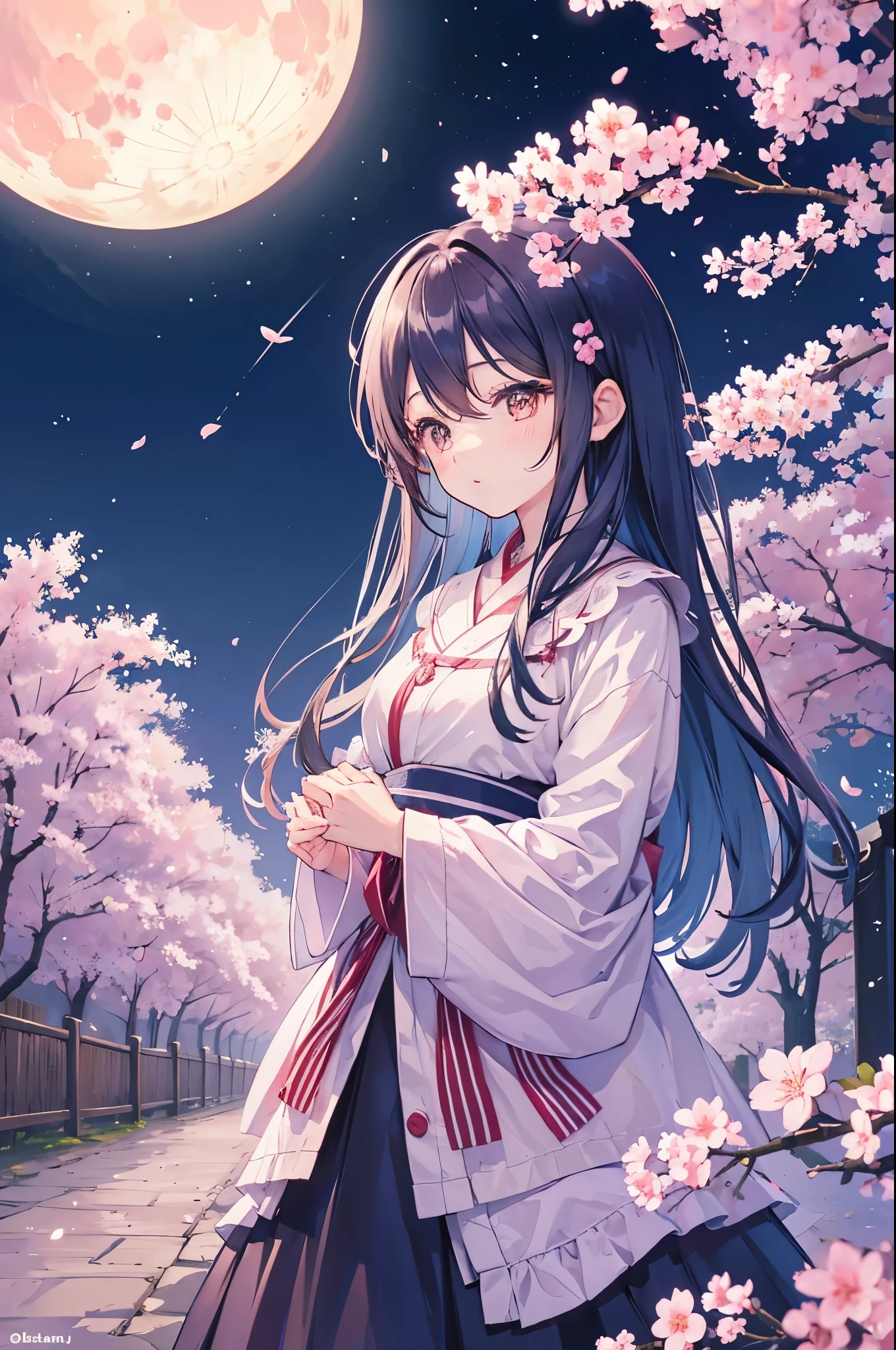 Rows of cherry blossom trees in full bloom、In the night sky beyond that, a huge moon creates a night scene.