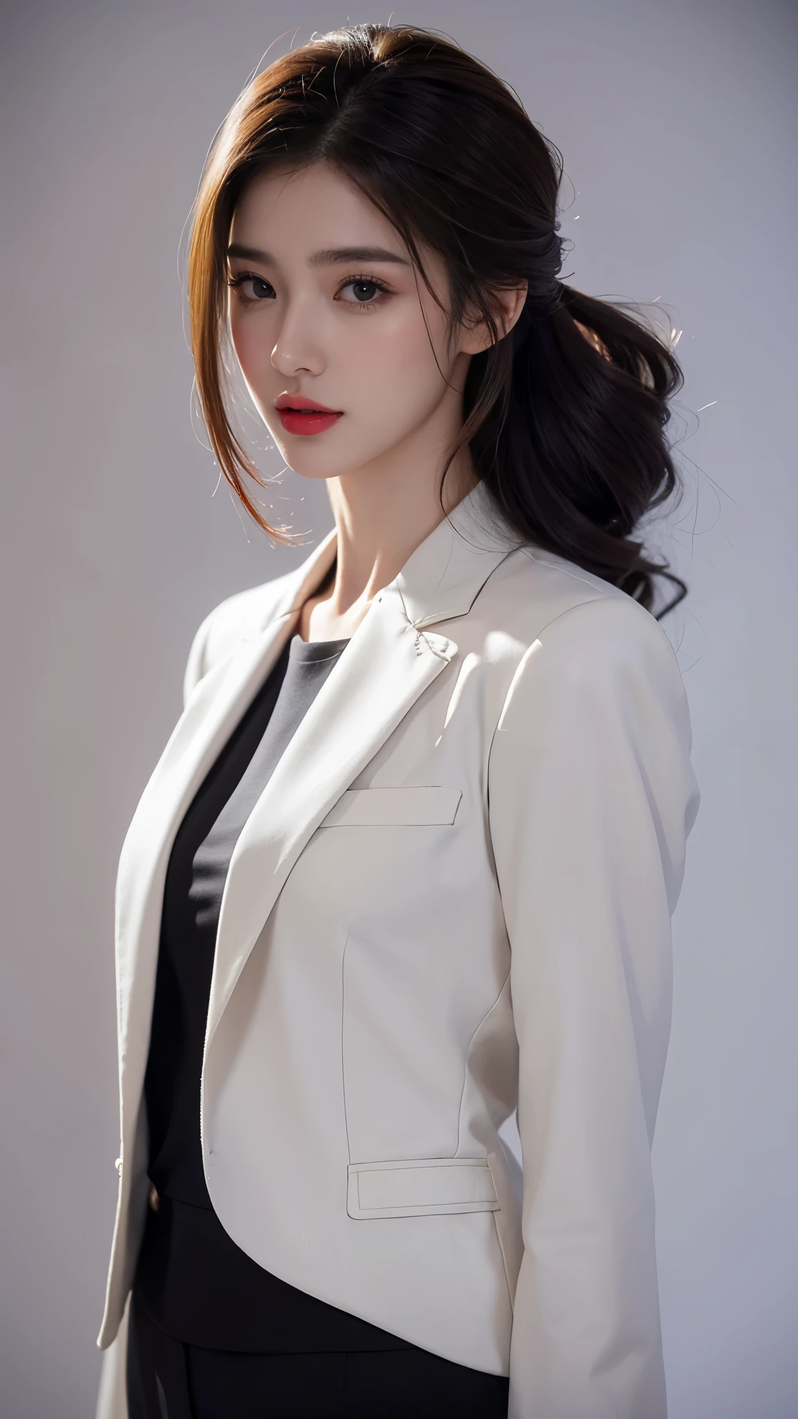 ((Half body photo)), 1girl,solo,masterpiece,best quality,high resolution,8K,(portrait),real picture,Photographic grade,20 year old girl,Random hairstyle,red lips,Keep your mouth beautiful and attractive,Half body photo,Serious and arrogant,(Women's business suit,white),photo poses,Realistic style,gray background,Half-length photo