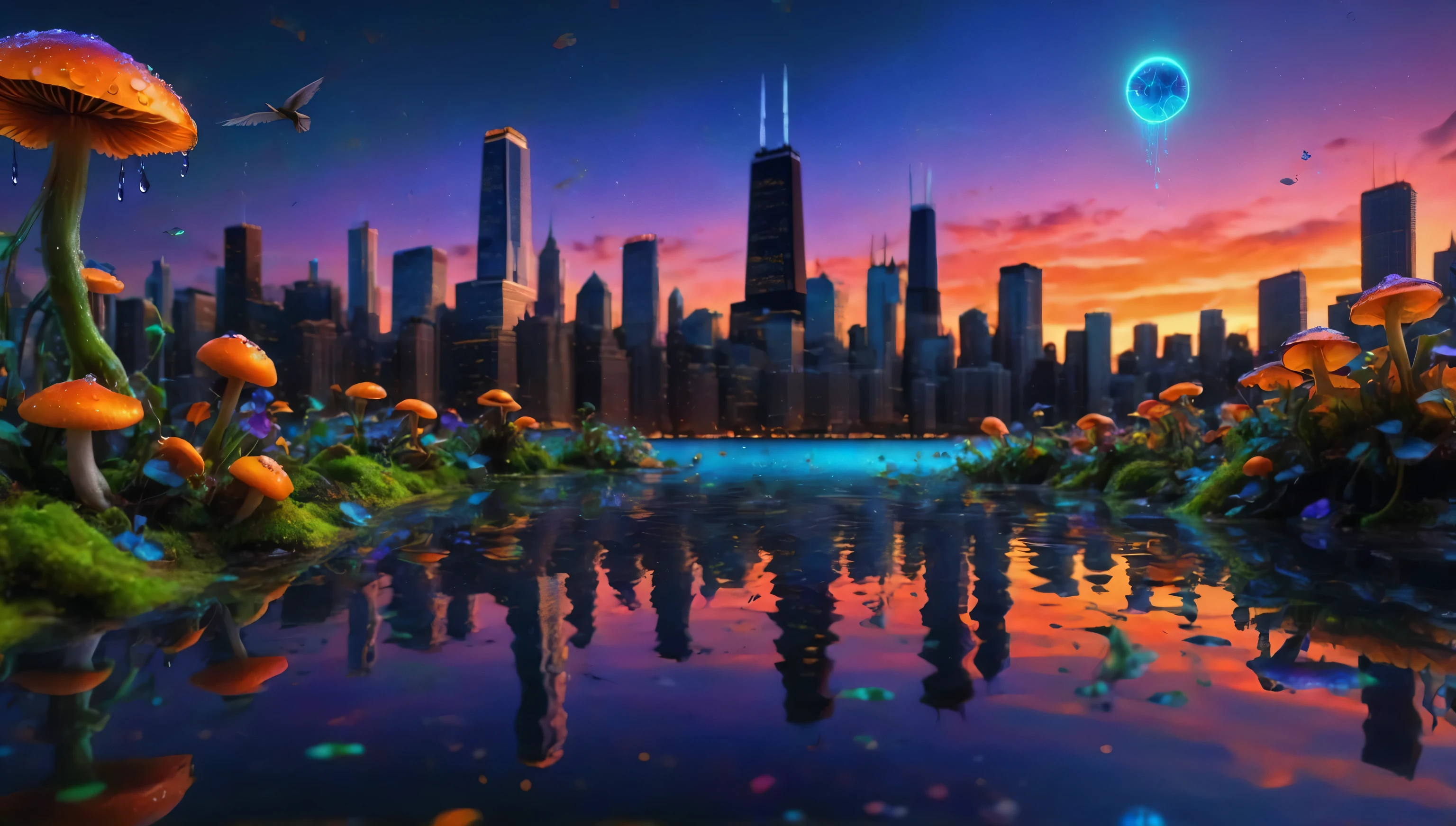 ((best quality)), ((masterpiece)), (Ultra detailed) Create a clean majestic city of Chicago at sunset, night time, with green moss growing on buildings showling Lake with sunset reflection in water, birds flying in background traveling into space, colorful green yellow blue red purple orange neon florescent planets in skys (masterpiece), shooting stars, solar eclipse above, (best quality), cyberpunk style, colorful water drops, very detailed 8k wallpaper, no logos, no letters, no symbols, peaceful trippy art, blue roses, greenish mushrooms, orange sky, portal in water with jellyfish