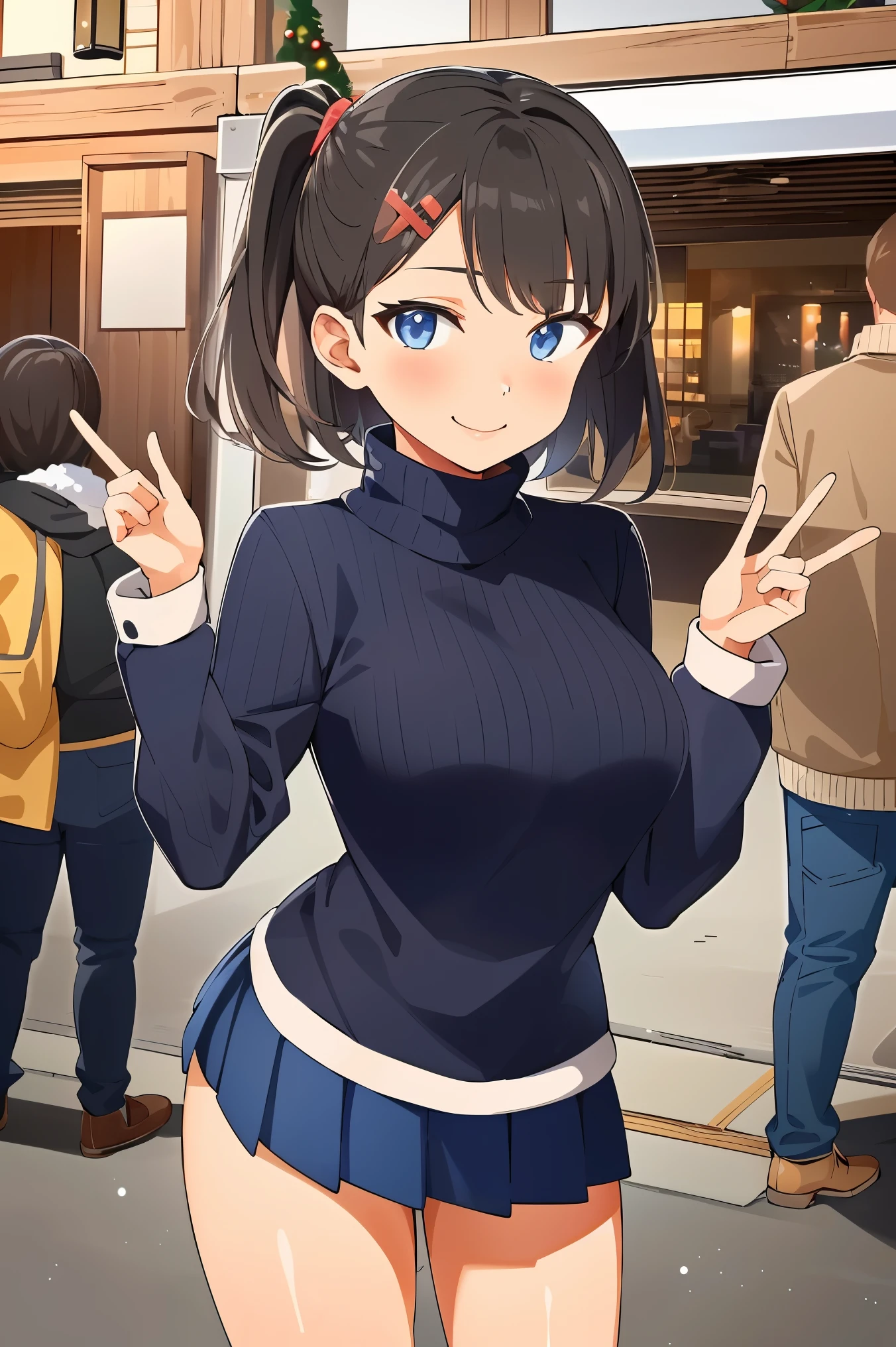 1girl in, Looking at Viewer, Japanese idol, (((cute short hairstyle))), Smile, glamor, (jacket, Turtleneck sweater, Pleated skirt:1.2), Christmas Market, High Position, Elegant Pose, akushizu style