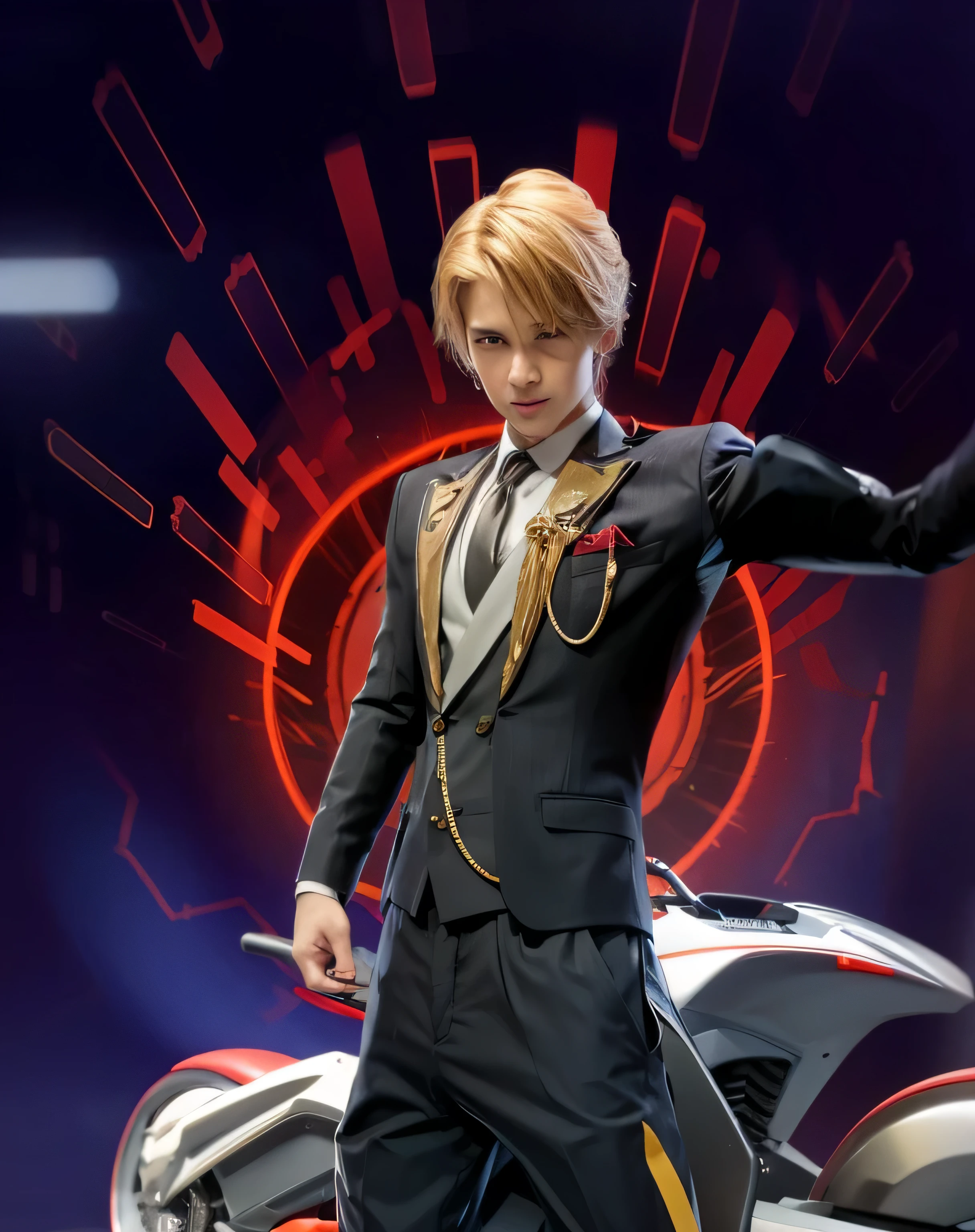 handsome young man in suit and tie standing next to motorbike, realistic
