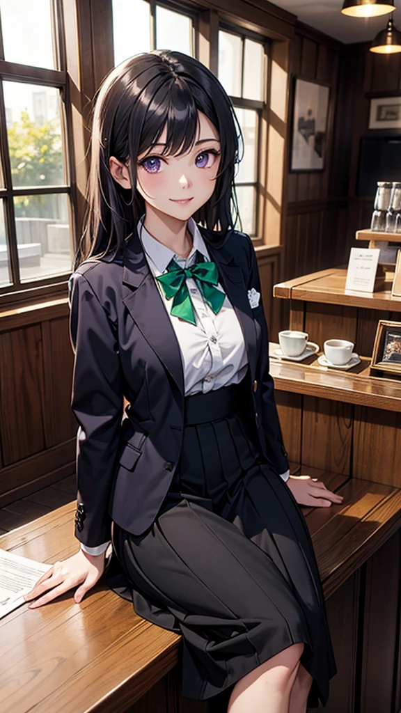 (最高masterpiece, highest quality,official art),(attractive woman),((masterpiece, highest quality))、 woman alone、Head to knee、attractive woman、smile、purple eyes、black hair、half up、black jacket、Black tight long skirt、A bow tie、Emerald green stone in the center of the tie、 Coffee shop counter、aerial perspective、great illustrations、Light、Light、Light、