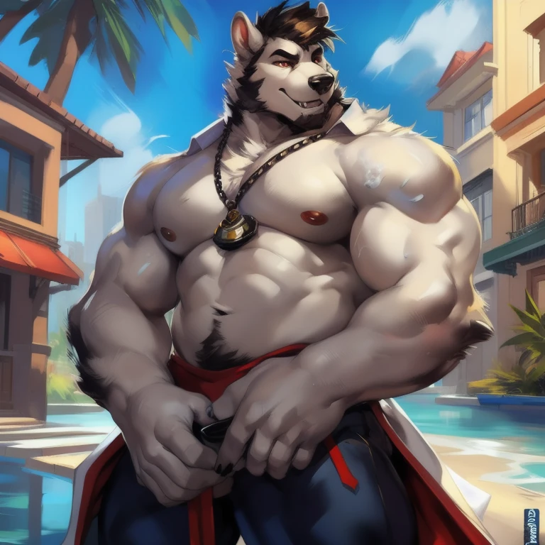por mystikfox61, por el chico trampa brillante, por Juiceps, por darkgem, solo, male, oso polar, piel blanca, ojos verdes, ojos detallados, manos detalladas, muscular, exceso de peso, intestino musculoso, big biceps, sonriente, anteojos, vistiendo un traje completo y corbata, de pie, calle, afuera, wonderful day, foam, masturbándome