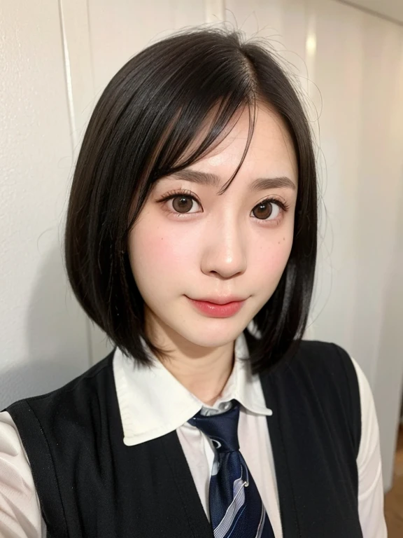 (kawaii 24 year-old Japanese girl, Nogizaka idol, Korean idol), (glossy black hair, pixie cut, short bob cut:1.3), (rounded face, single eyelid, no makeup, soft smiling:1.2), forehead, (wearing recruit suit, collared shirt, necktie:1.3), (well shaped extra small breasts), (looking at straight forward:1.2), BREAK, (simple white wall background:1.3), (portrait, id photo, yearbook, view from straight forward:1.3), BREAK, (masterpiece, best quality, photo realistic, official art:1.4), (UHD, 8K quality wallpaper, high resolution, raw photo, film grain:1.2), (shiny skin), professional lighting, physically based rendering, award winning, (perfect ???????, highly detailed skin textures, extremely detailed face and eyes, well drawn glittering pupils), Carl Zeiss 85 mm F/1.4, depth of field, 1girl, solo,