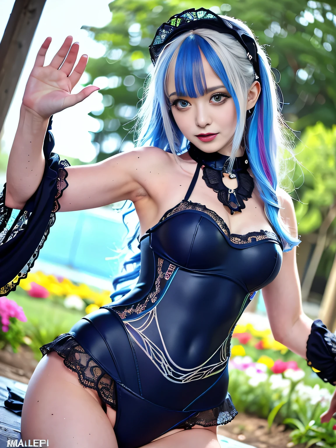 (best quality:1.2), (realistic, photo-realistic:1.3), (masterpiece:1.1), (light smile:1.2), (sexy pose:1.1), (armpit:1.3), (blue eyes:1.3), (multicolored hair:1.2), (in a bright and colorful world:1.3), (garden:1.1), (colorful flowers:1.1), (cinematic natural light effects:1.2), gal.safetensors, (Clothes with attention to detail:1), (cyberpunk rider suit:1.2), (Swimsuit underneath clothes:1.3), (Gothic ta fashion made of delicate lace:1.3)