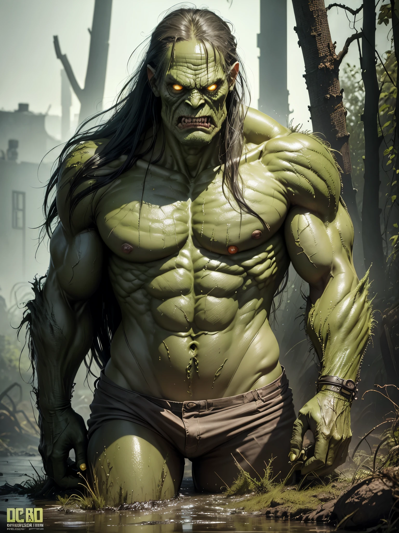 Swamp Monster Woman Oletta Ocean, 25 years, Swamp monster style, supernatural anti-hero character in comics, изданных DC Comics., who turned into a monster, consisting of plant material, After that, how an explosion in his laboratory doused him in chemicals., under the influence of chemicals and plants inside the swamp it turns into a shapeless monster Swamp Thing., bare chest, whole body, (Burning motorcycle: 1.5), ((Best quality)), ((Selected: 1.4)) Super resolution, cinematic lighting, ( NY: 1.3), (Swamp Monster Body: 1.3), ultra realistic, . ......RAW, (realism: 1.5), (realistic: 1.4), (absurdity: 1.4), 8 k, ultra-detailed, detailed, (One: 1.4), (viewer: 1.3), HD4