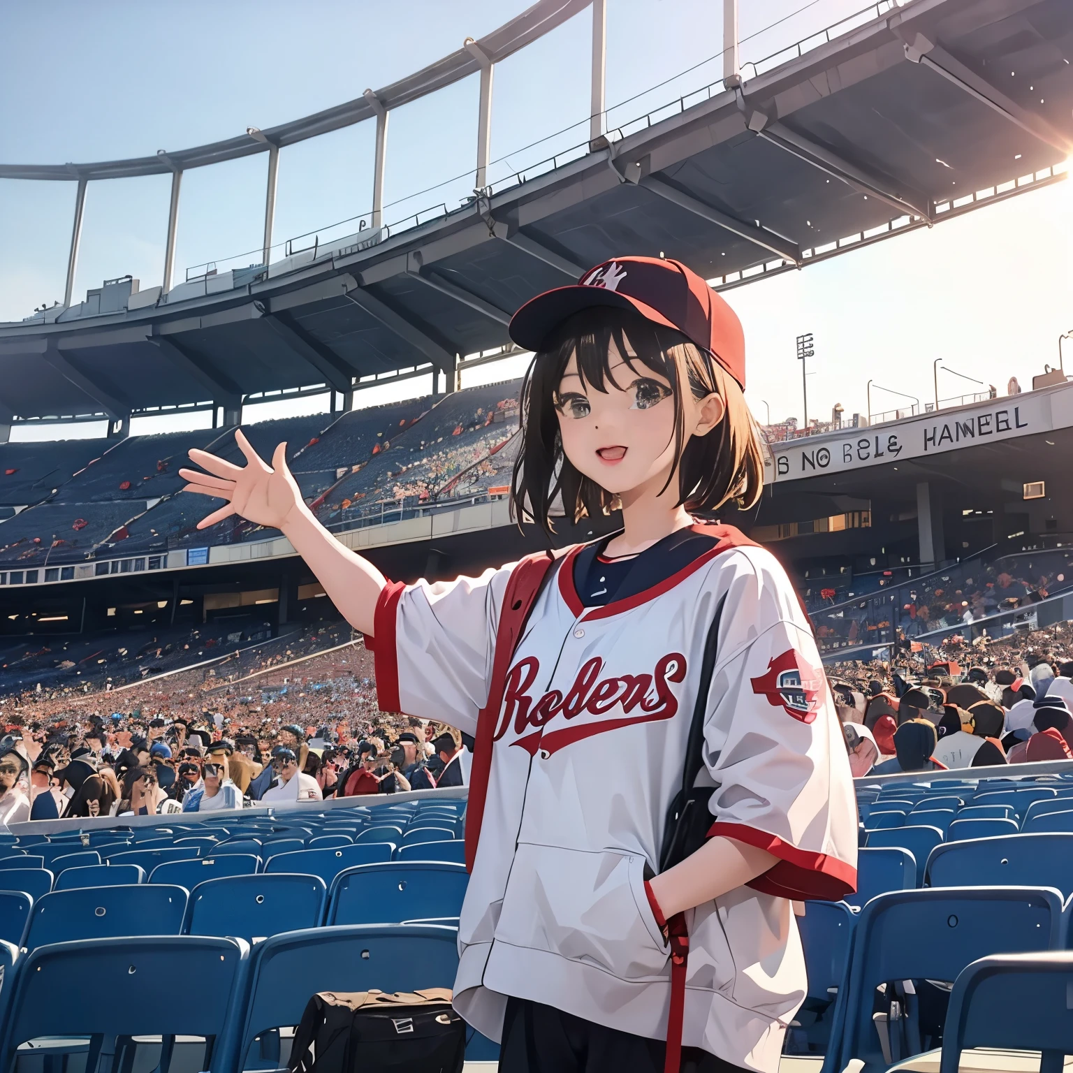 1girl、Front facing、Modern baseball stadium seating、Raise your hand and rejoice、many spectators around、(Baseball Scoreboard)