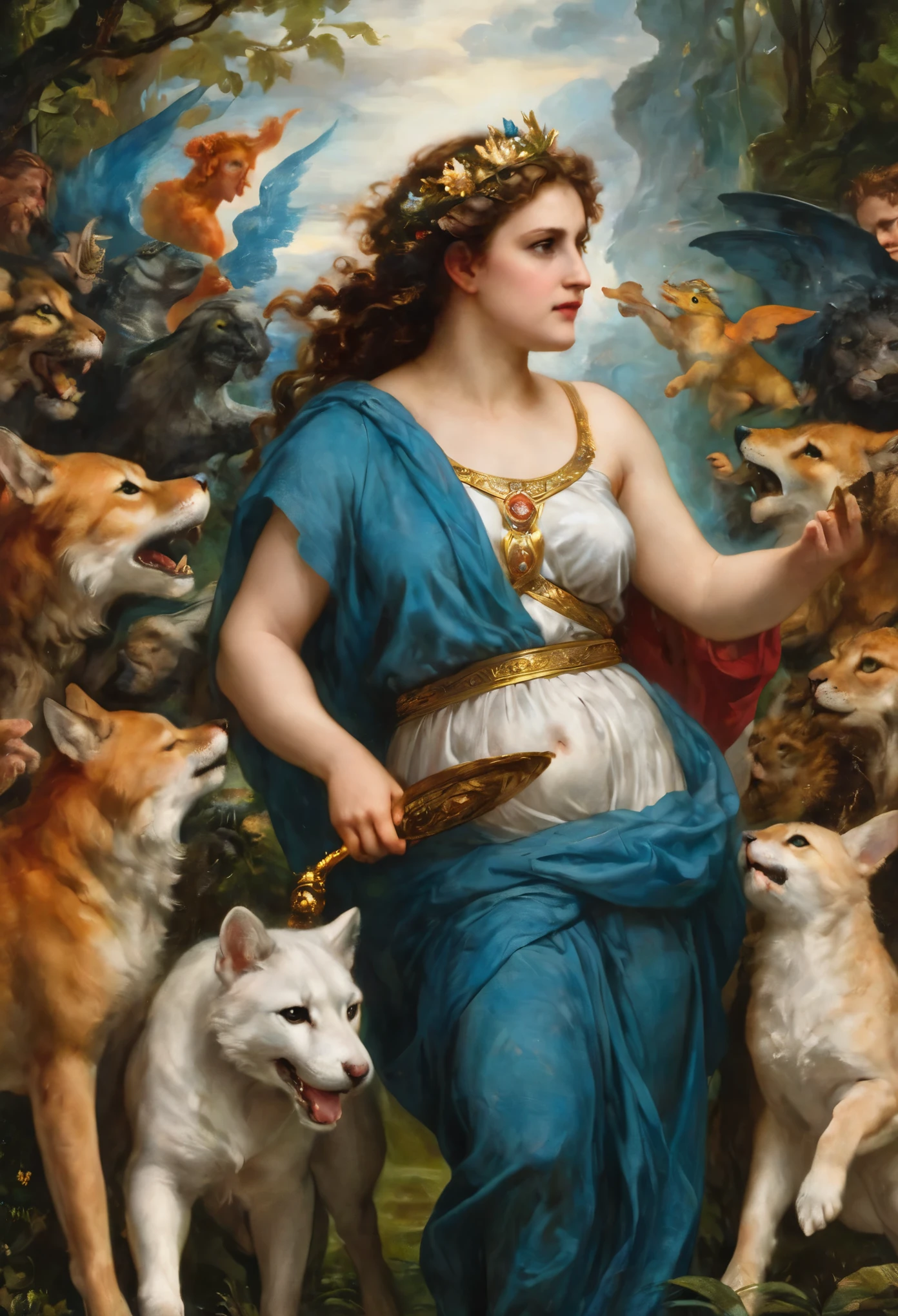 an oil painting art piece depicting the Greek Goddess Circe from Greek or Roman mythology, inspired by Peter Paul Rubens' painting style. Capture Circe's magical and enchanting presence as she stands with a mystical aura, surrounded by enchantments and mythical creatures. Infuse the painting with vibrant colors, dramatic lighting, and intricate details characteristic of Rubens' dynamic and emotive style. Let Circe's power and beauty shine through in a captivating portrayal that brings her mythological essence to life on the canvas, masterpiece, award winning, best quality, highly detailed, flawless artwork, beautiful nature in background,