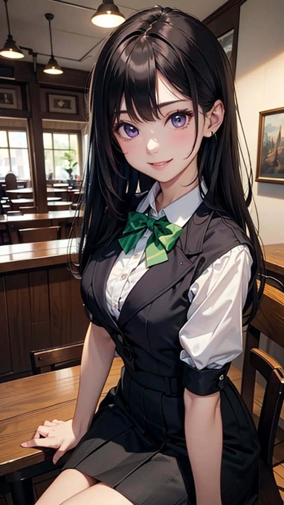 (最高masterpiece, highest quality,official art),(attractive woman),((masterpiece, highest quality))、 woman alone、28 years old、Head to knee、attractive woman、smile、purple eyes、black hair、half up、black jacket、Black tight long skirt、A bow tie、Emerald green stone in the center of the tie、 coffee shop、aerial perspective、great illustrations、Light、Light、Light、