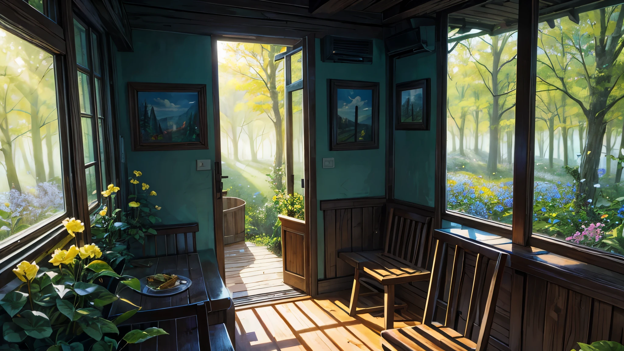 small restaurant in the woods,cute,fairy tale, birds,flowers,scenery,sunlight,trees