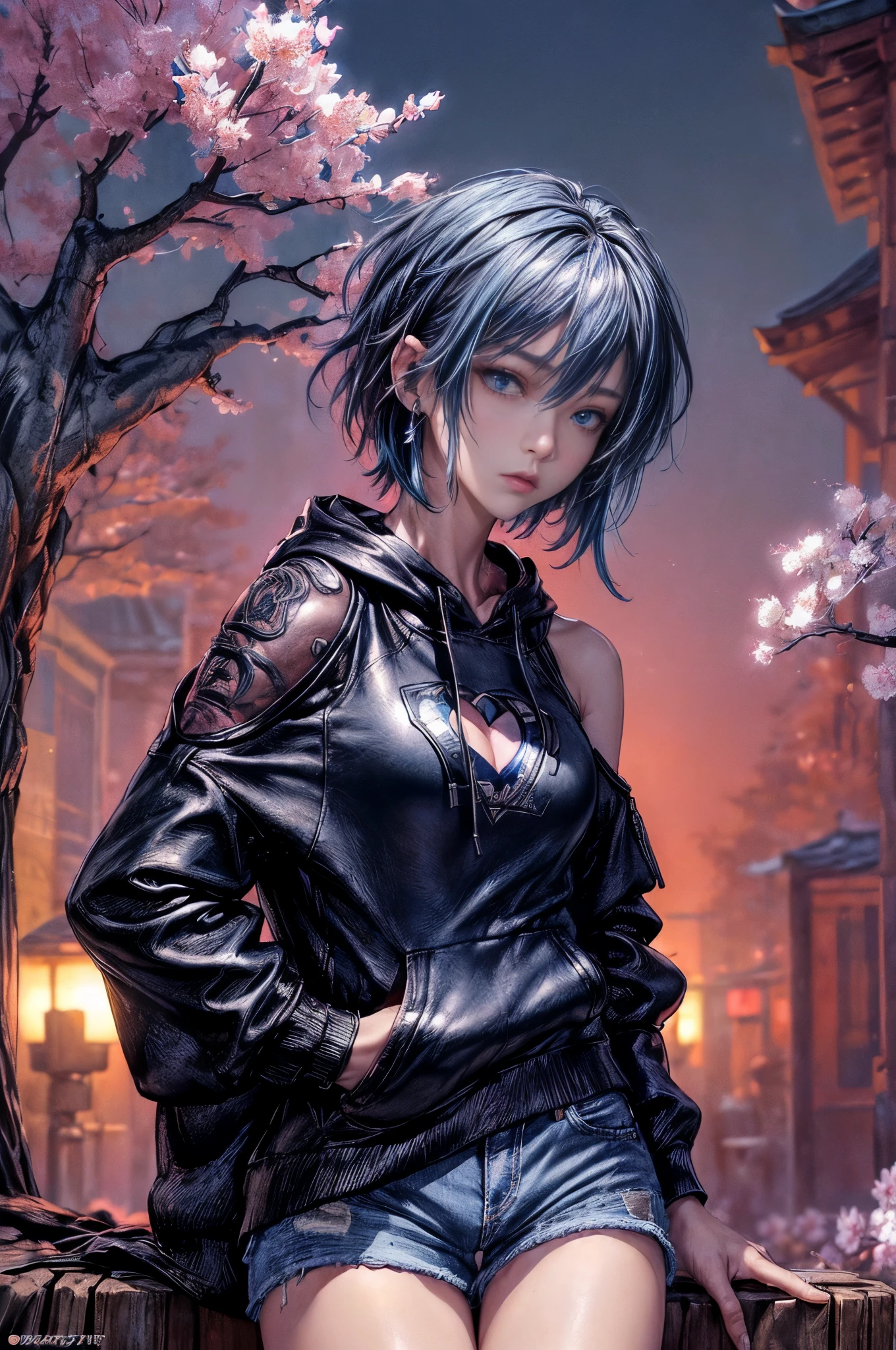 cinematic lighting、highest quality,Bright cyberpunk world、1 female、(25 year old beautiful woman、detailed beautiful facial 、short hair、shoulder length hair、blue eyes:1.4)break,medium hair、（vivid Shiny gray hair color:1.6）
break
 (Denim Punk Rock style shorts:1.3),BREAK (Edgy black leather oversized hoodie:1.3)、クロスネックレスbreak.
（明るいeveningに広い公園でCherry blossom viewingをする、In front of a stall:1.2）(detailed hands:1.2)(evening、beautiful scenery、Cherry tree、Cherry blossom viewing:1.2)（portrait angle）