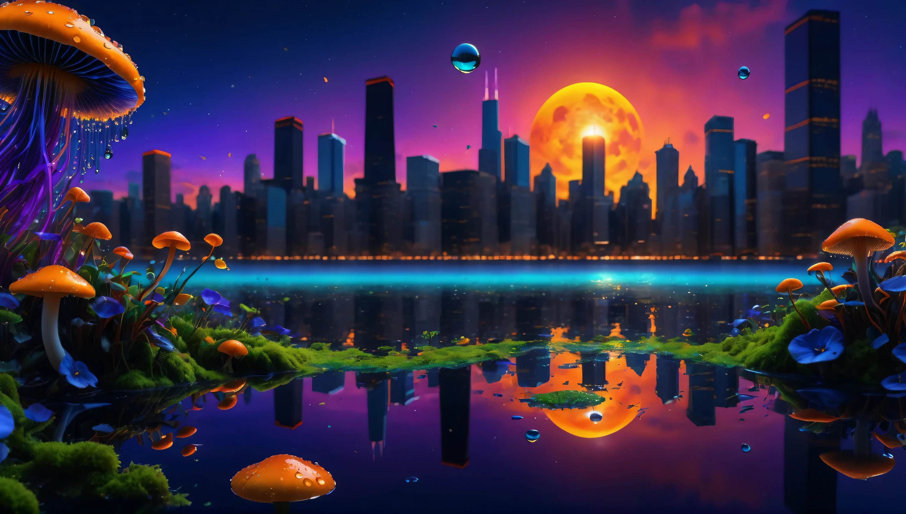 ((best quality)), ((masterpiece)), (Ultra detailed) Create a clean majestic city of Chicago at sunset, night time, with green moss growing on buildings showling Lake with sunset reflection in water, birds flying in background traveling into space, colorful green yellow blue red purple orange neon florescent planets in skys (masterpiece), shooting stars, solar eclipse above, (best quality), cyberpunk style, colorful water drops, very detailed 8k wallpaper, no logos, no letters, no symbols, peaceful trippy art, blue roses, greenish mushrooms, orange sky, portal in water with jellyfish