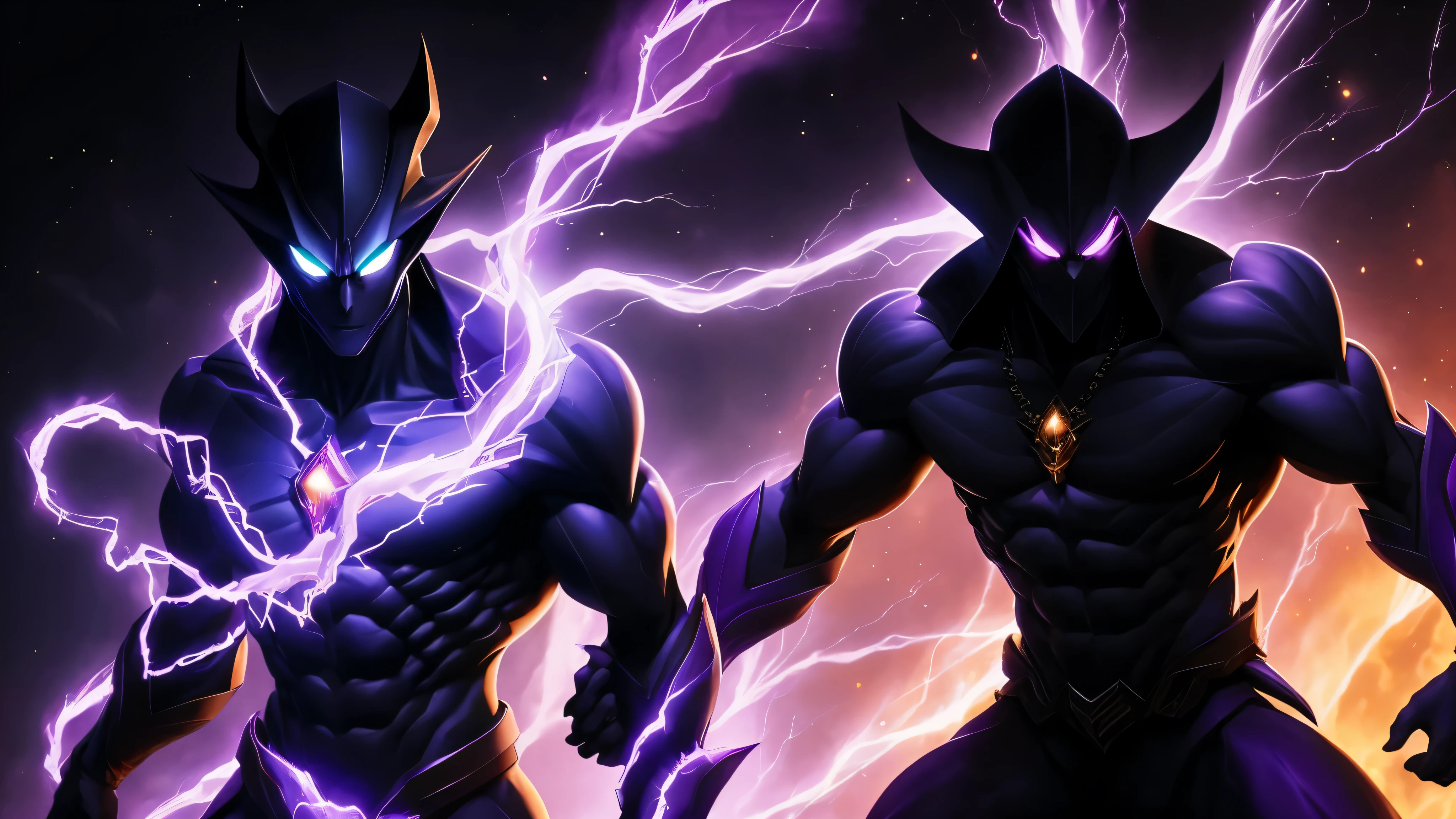 Create hyper-verbose, Best quality, A high-resolution masterpiece，Depicts a shadowy elemental and a non-humanoid figure emanating purple energy" perfect shadow, Highqualityshadow, realistically,