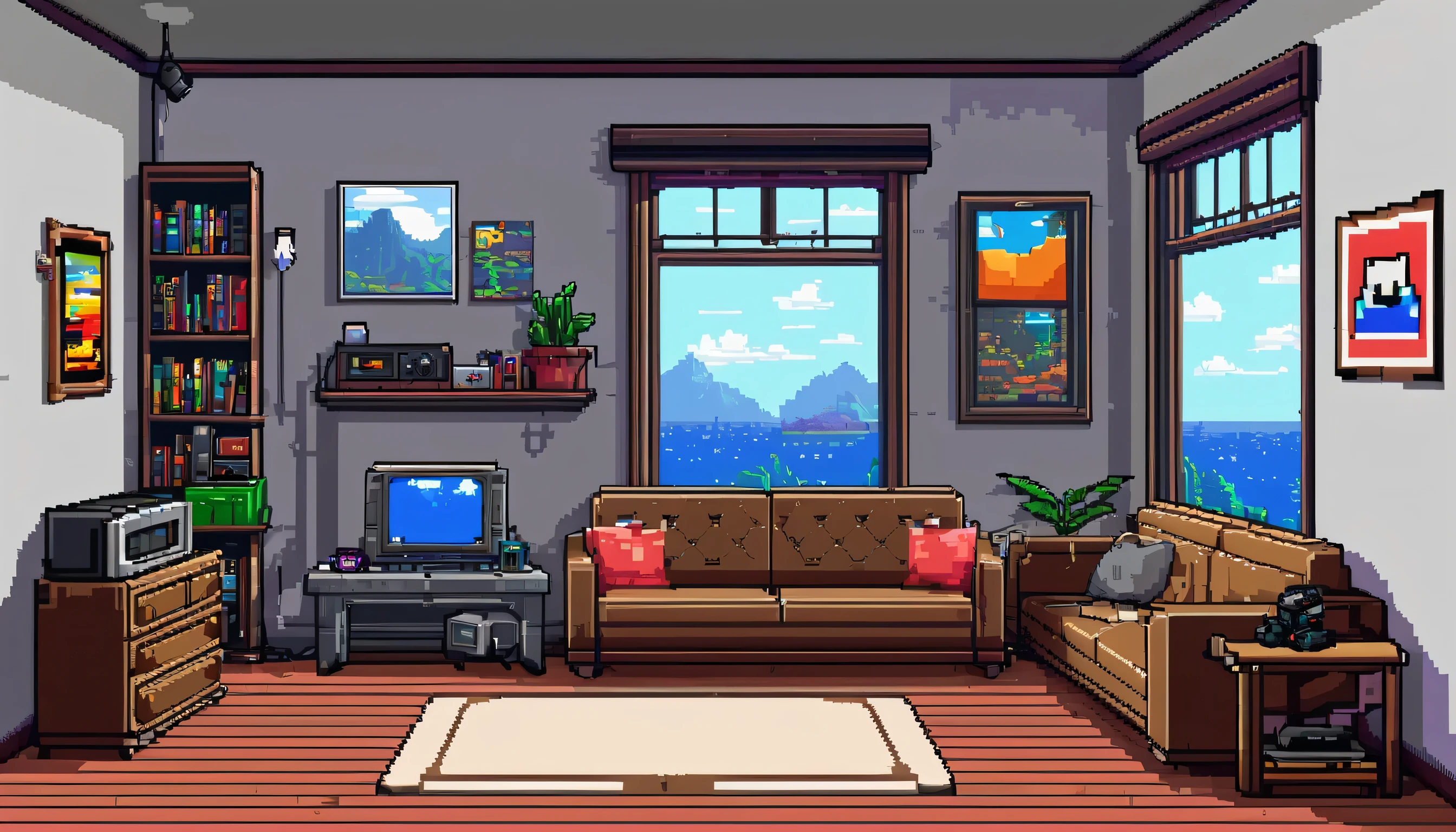 (pixel art_1.1) bedroom background cool gamer bedroom, window in the middle, a couch on the left , with cool art on the wall, art station in the corner, a youtube setup