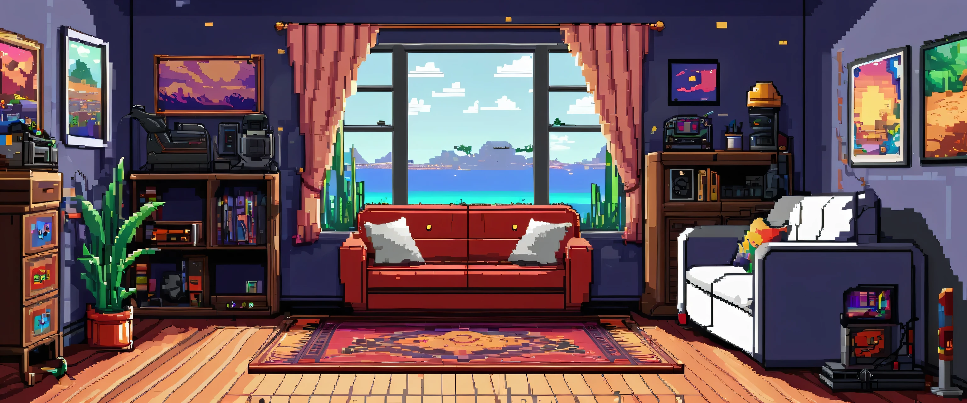 (pixel art_1.1) bedroom background cool gamer bedroom, window in the middle, a couch on the left , with cool art on the wall, art station in the corner, a youtube setup 