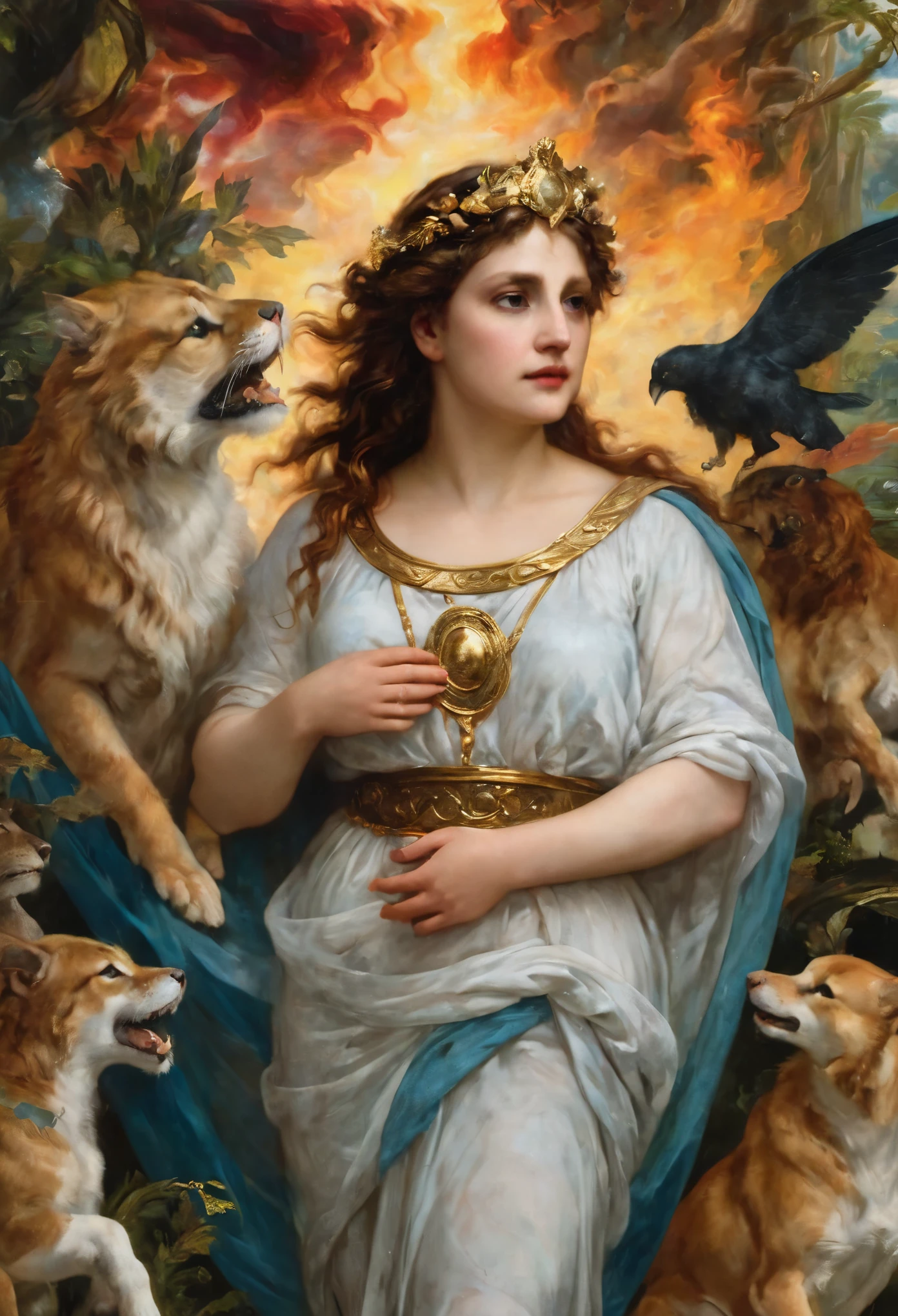 an oil painting art piece depicting the Greek Goddess Circe from Greek or Roman mythology, inspired by Peter Paul Rubens' painting style. Capture Circe's magical and enchanting presence as she stands with a mystical aura, surrounded by enchantments and mythical creatures. Infuse the painting with vibrant colors, dramatic lighting, and intricate details characteristic of Rubens' dynamic and emotive style. Let Circe's power and beauty shine through in a captivating portrayal that brings her mythological essence to life on the canvas, masterpiece, award winning, best quality, highly detailed, flawless artwork, beautiful nature in background,