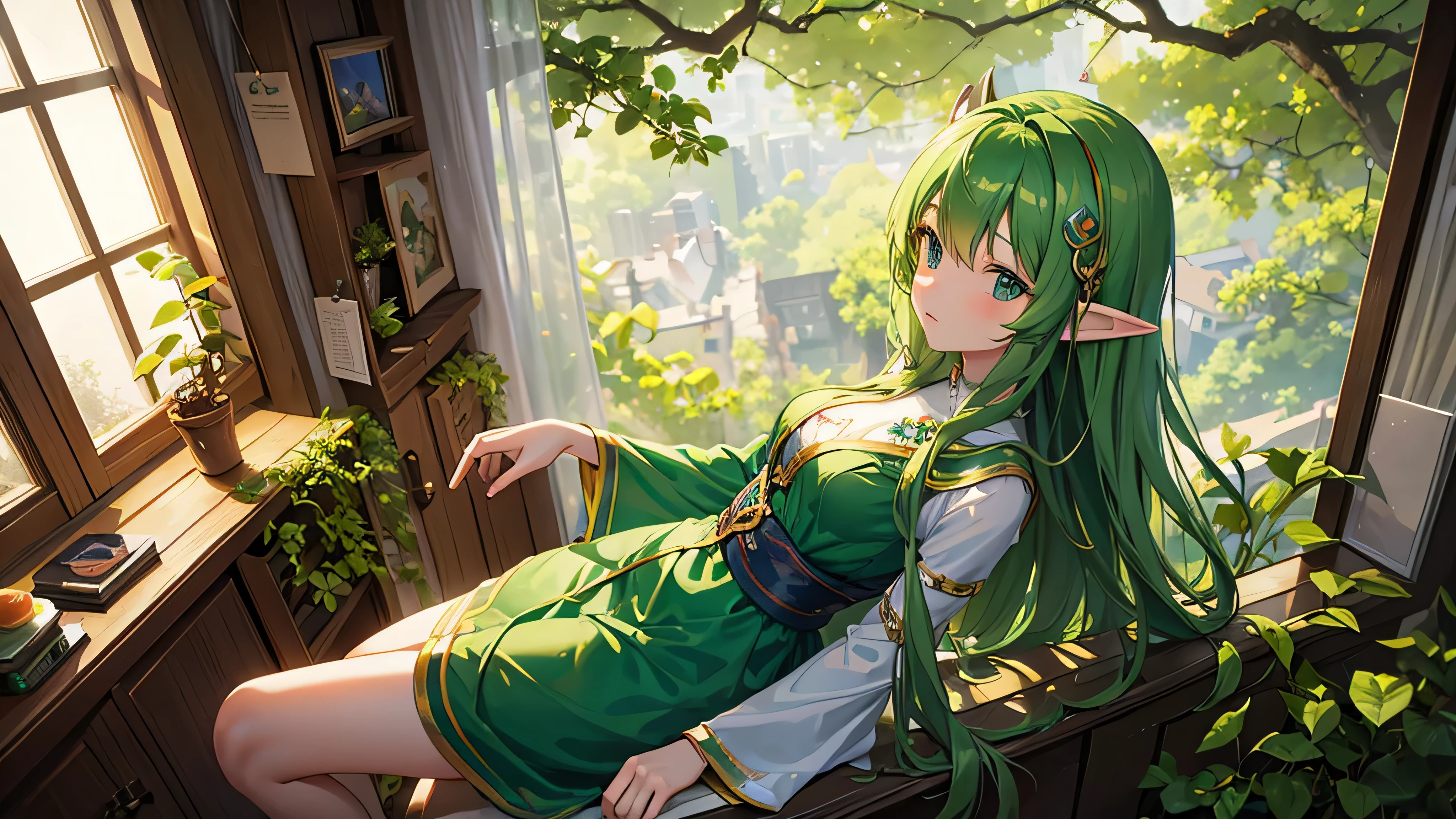 Forest Elf Girl,Listening to music,On the windowsill at night,Green elf costume,24-years-old、long hair
