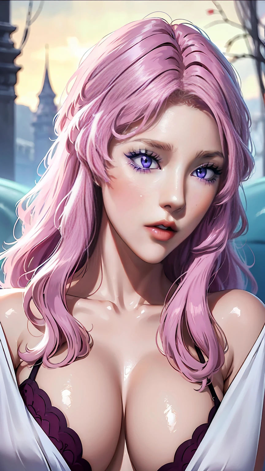 8K, Ultra High Definition, Super detailed, Shiny detailed hair, detailed face, fantasy landscape, solo, looking at viewer, {{best quality}}, {{masterpiece}}, {{ultra-detailed}}, {detailed light}, ultra high quality eyes, detailed eyes, perfect eyes, large eyes, detailed purple eyes, beautiful lips, pink hair, long hair, lingerie, beautiful, skinny body, white skin, slutty, erotic, suggestive, ((nsfw))