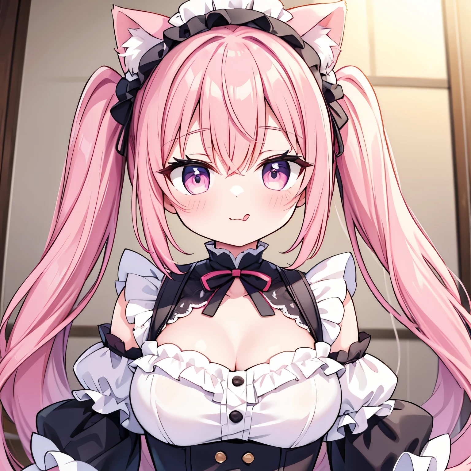  in maid clothes、cute、light pink hair、twin tails、Cat ear、Tongue out、Head to shoulders