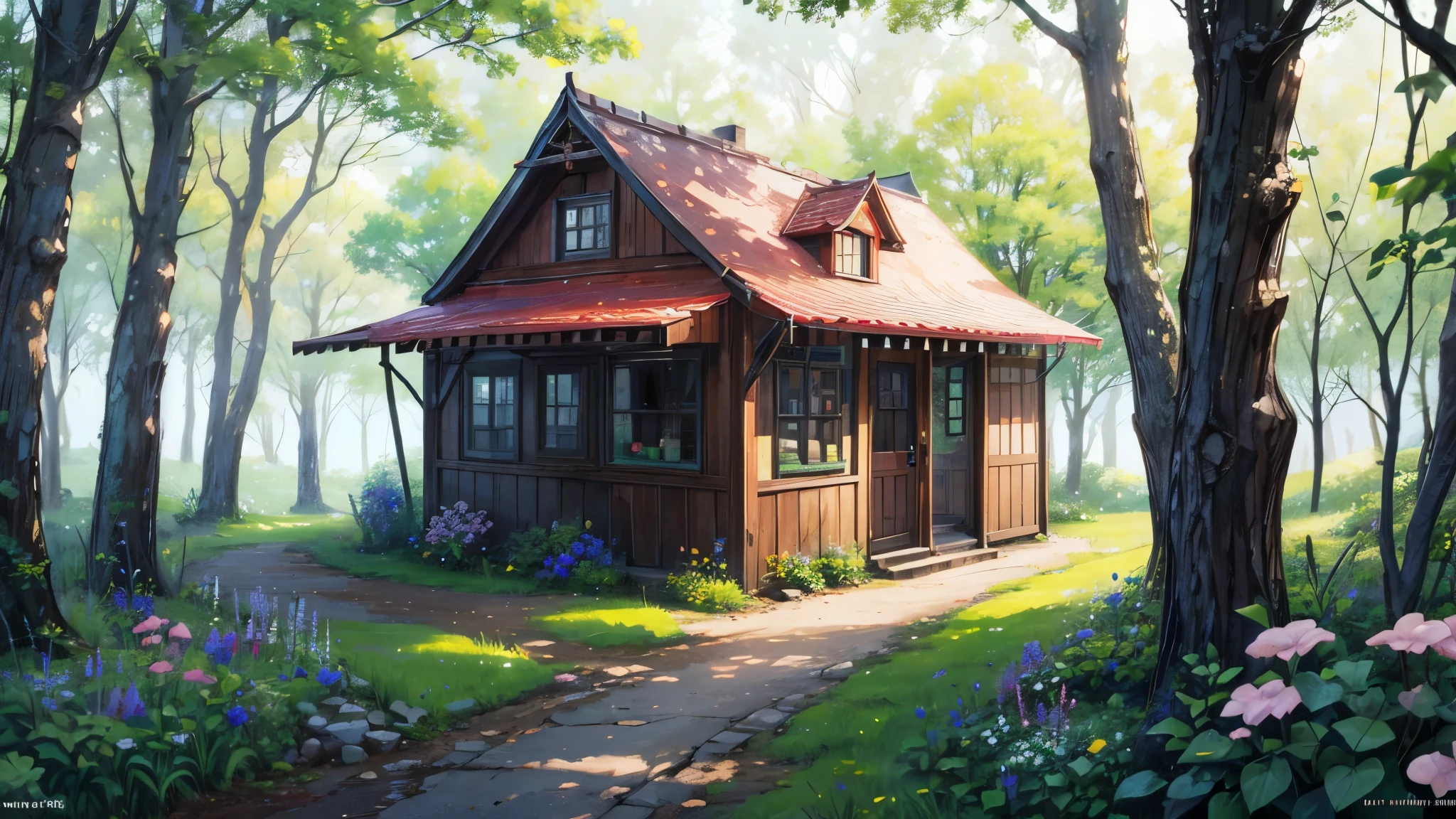 small restaurant deep in the woods,cute,fairy tale, birds,flowers,scenery,sunlight,trees,((pastel colors)),cottage