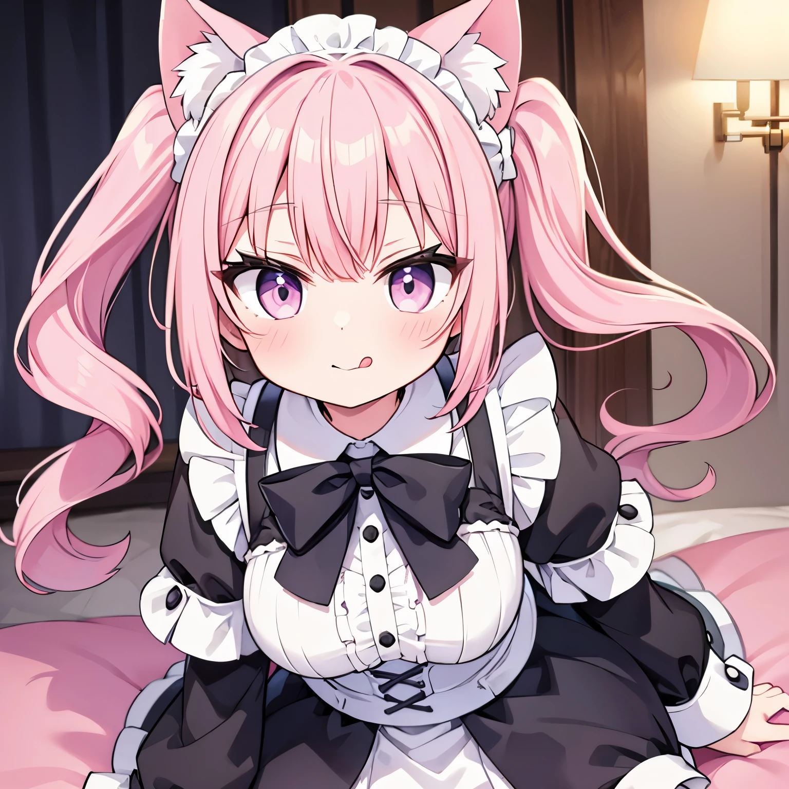 in maid clothes、cute、light pink hair、twin tails、Cat ear、Tongue out、Head to shoulders