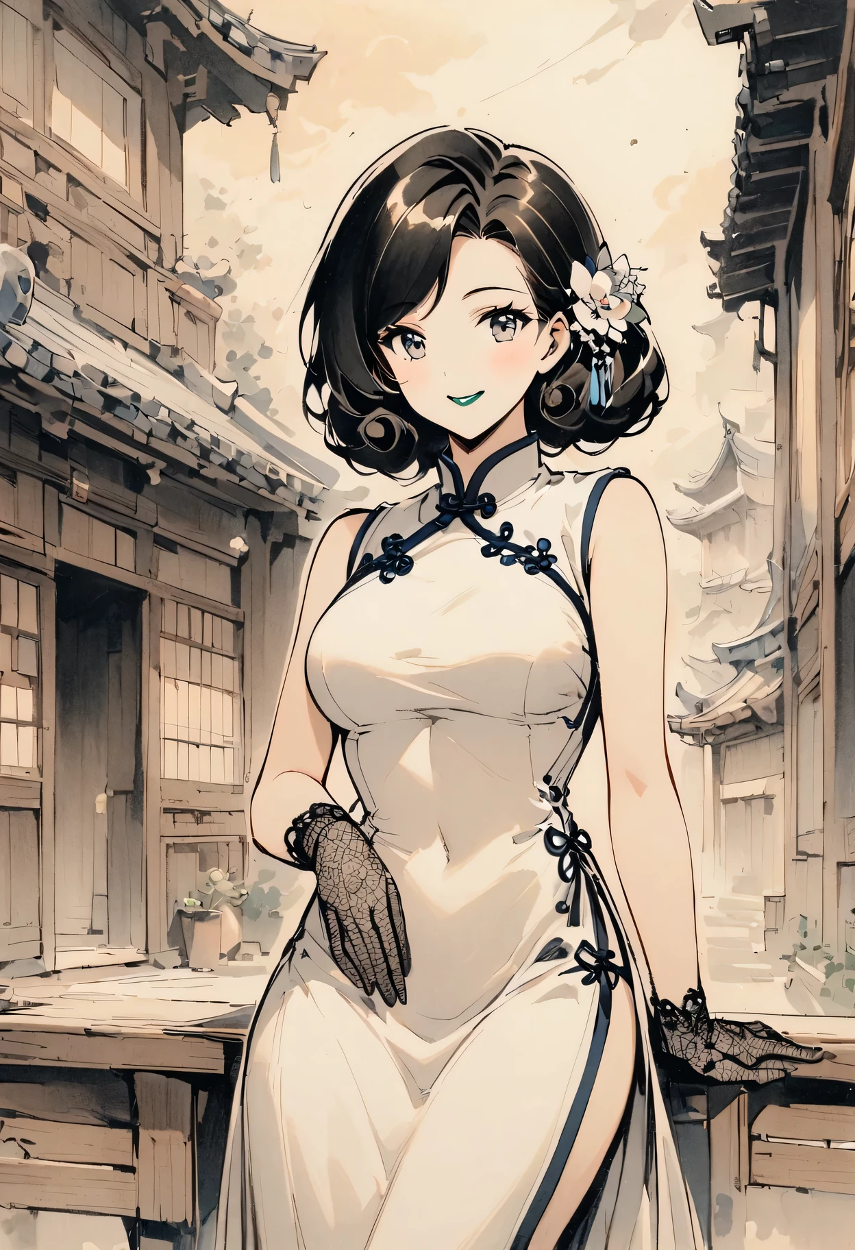 Retro movie style, 1940s, Lin Mingmei, 1 girl, alone, monochrome, looking at the audience, hair accessories, Chinese traditional clothing cheongsam, curls, traditional media, Bangs, cosmetic, black hair, lipstick, sign, artist name, lace gloves, sleeveless, ancient building, wooden building, Retro, nostalgia, elegant posture, Smile, Shadows and Highlights,Subtle Retro Film Grain。
