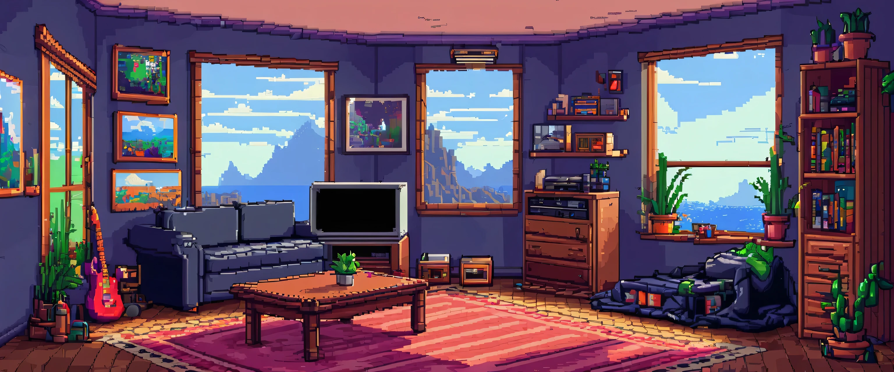 (pixel art_1.1) bedroom background cool gamer bedroom, window in the middle, a couch on the left , with cool art on the wall, art station in the corner, a youtube setup