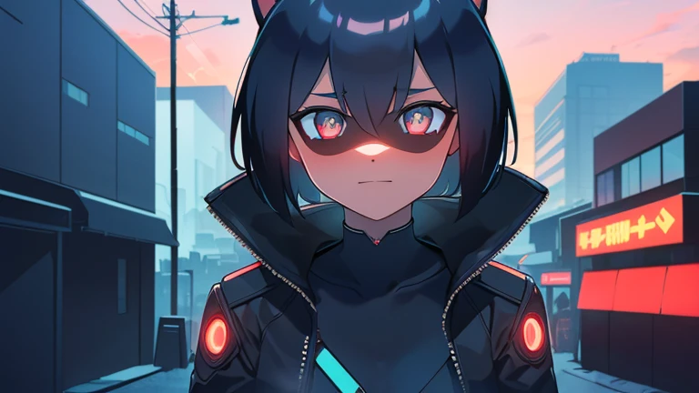 cyberpunk, portrait, Schwarz , Rot neon eyes, stilvoll tragen [Schwarz|Rot] Kleidung steht in einer Stadt, (sonnenaufgang:1.4), Street, kompliziert, fototealistisch