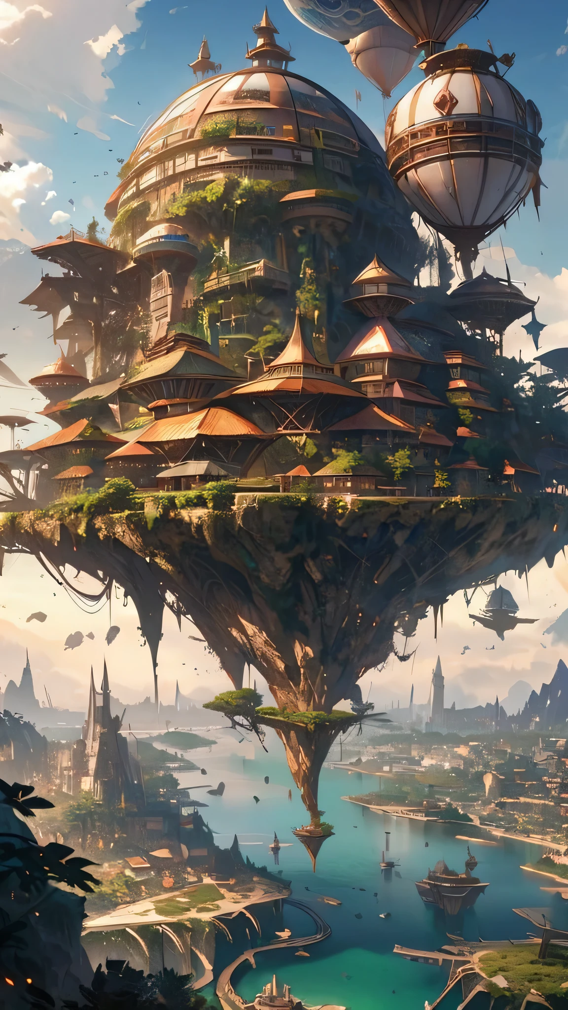 Many islands are suspended in the air with many small airships flying around, cities, fantasy, magical plants growing, extreme details, realistic light, epic composition, (complex details), (complex design, ultra-details :1.2), Art Station, (Masterpiece, Best Quality), Ultra HD, 32k --v 6