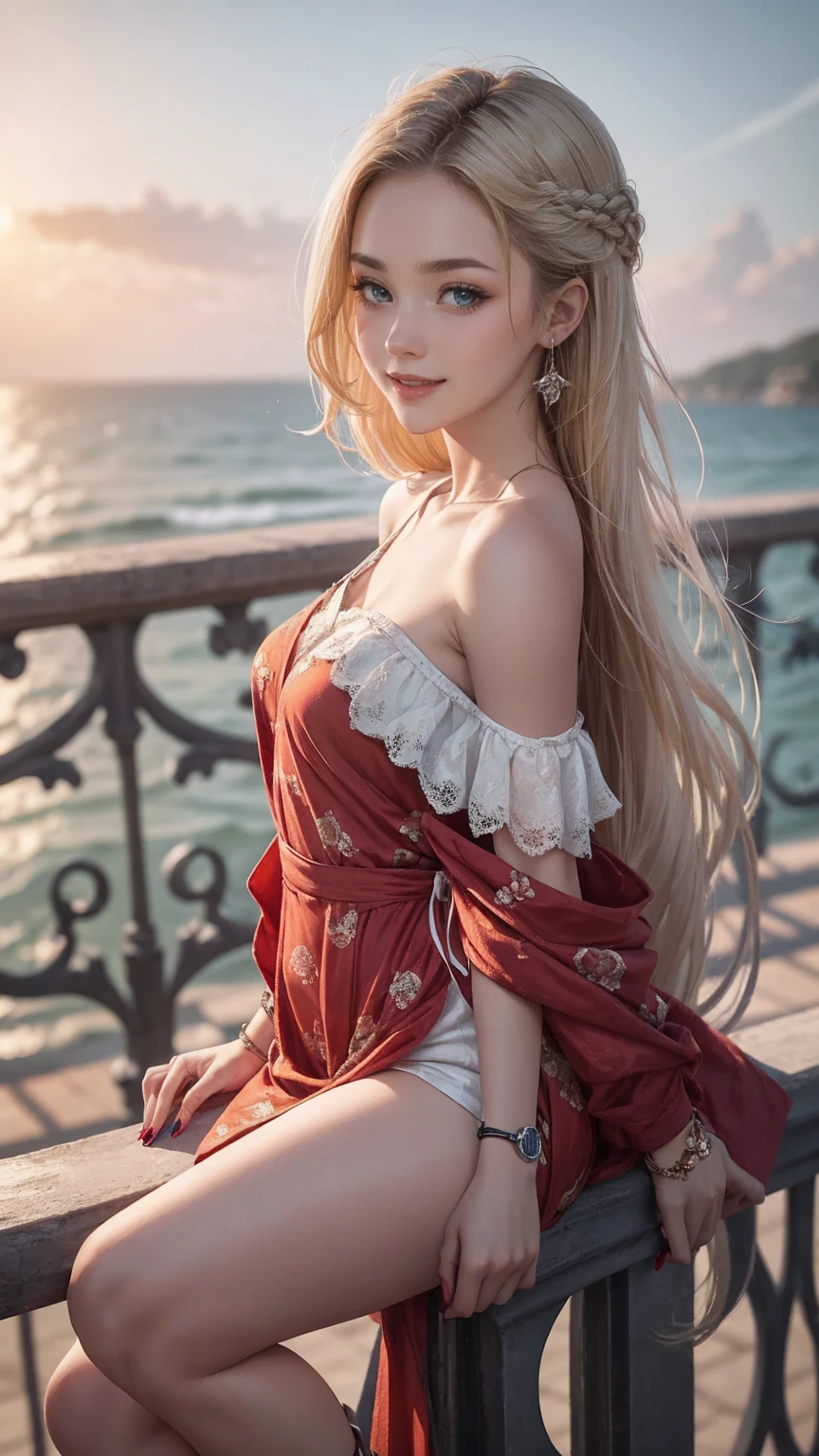 realistically, A high resolution, gentlesoftlighting,1人の女性, Alone, butt lift, PerspectivesPerspectives器, (Detailed faces), Long blonde hair, laying on a beach, Look from the bottom up, Public area display, Perspectives, secretary, Red dress, lace hose, tattoo is, jewely