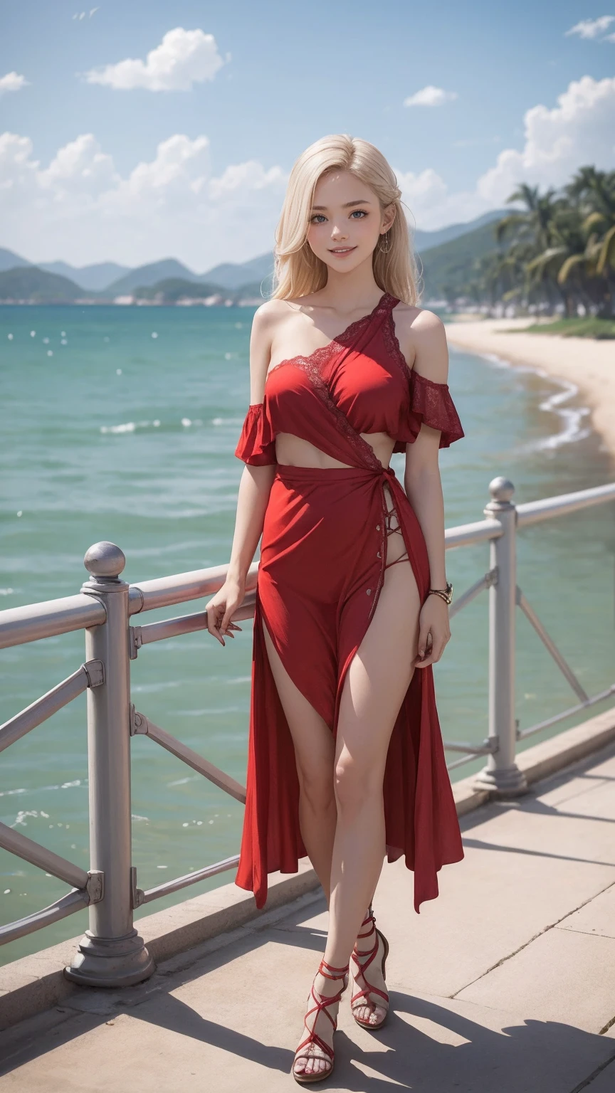 (​(masterpiece)), very precise details,(Ultra High Resolution:1.5),(Photorealsitic:1.4),(top-quality), ((ROW photo)), ( photorealistic:1.4), beautiful illustration, a sexy girl is sitting at the beach, ((blond hair)), symmetrical details, (small breasts), gorgeous face, Outstanding details, 4K, Sharp focus, ultra detailed photography, masterpiece, best quality, realistic photo, depth of fields, full -length, jewelry, resort, big houses, palms, red dress