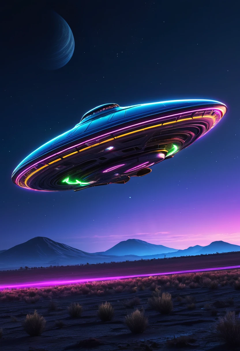 alien spaceship from another planet, neon backlight,engine wake, flies over the ground in the evening..ultra high quality detailing
