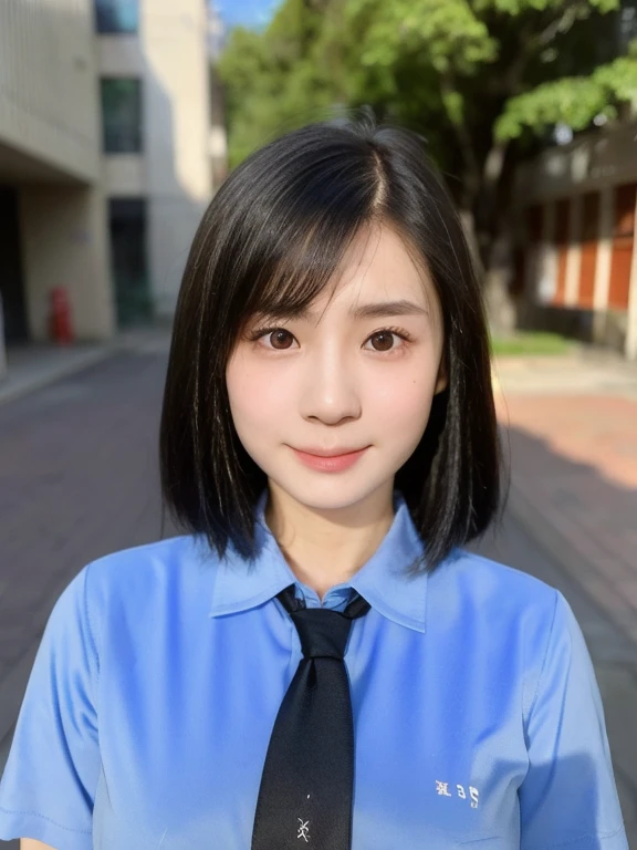 (kawaii 24 year-old Japanese girl, Nogizaka idol, Korean idol), (glossy black hair, pixie cut, short bob cut:1.3), (rounded face, single eyelid, no makeup, soft smiling:1.2), forehead, (wearing recruit suit, collared shirt, necktie:1.3), (well shaped extra small breasts), (looking at straight forward:1.2), BREAK, (simple outdoor background:1.3), (portrait, id photo, yearbook, view from straight forward:1.3), BREAK, (masterpiece, best quality, photo realistic, official art:1.4), (UHD, 8K quality wallpaper, high resolution, raw photo, film grain:1.2), (shiny skin), professional lighting, physically based rendering, award winning, (perfect anatomy, highly detailed skin textures, extremely detailed face and eyes, well drawn glittering pupils), Carl Zeiss 85 mm F/1.4, depth of field, 1girl, solo,