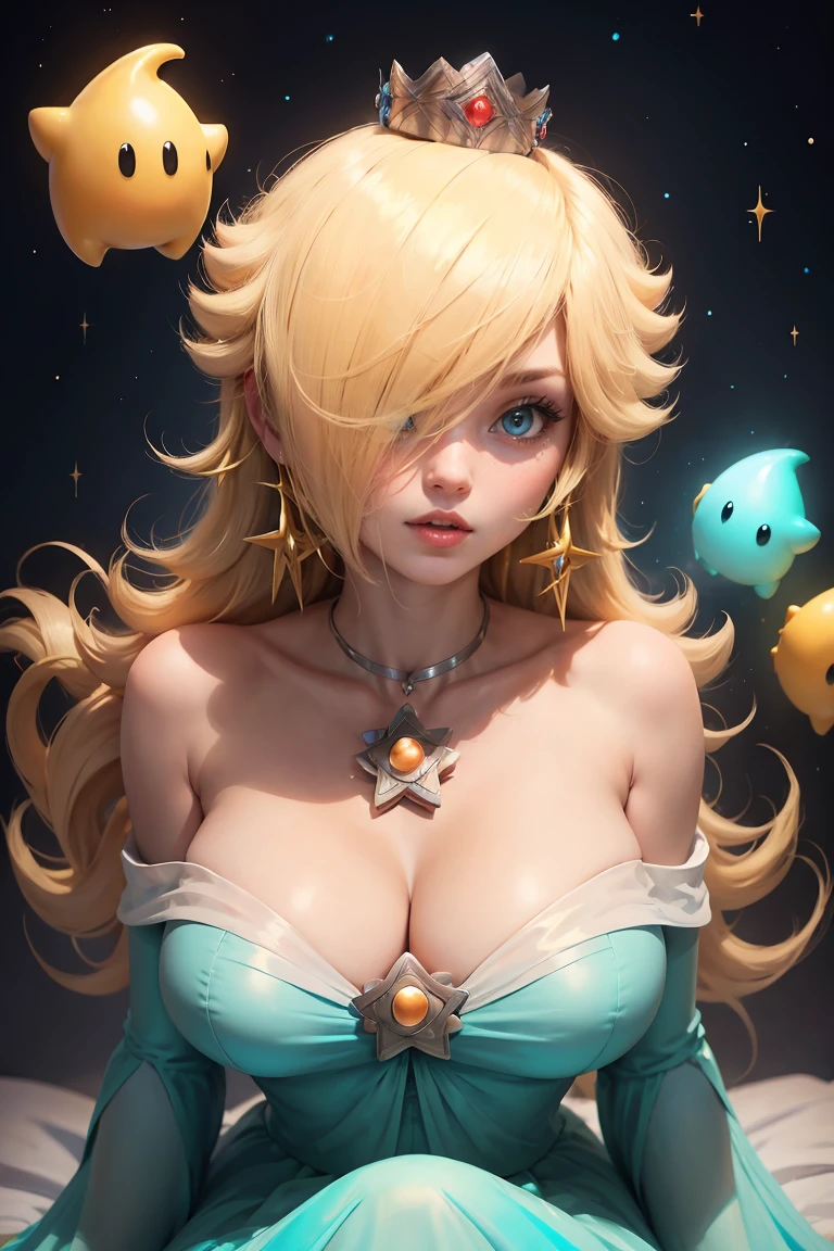 ((Princess Rosalina from super mario bros series))(she has big glowing blue eyes)(bright red lips) (((long blonde straight hairstyle)))((hair cover half left face)))(dark eyeshadows make up)((very huge breasts)) (perfect slim body) ((wear aquamarine dress, gold crown)) (crown) ((posing sexy in cosmic castle)) (masterpiece, high definition, volumetric lights and dinamic shadows)((masterpiece))(8k)(perfect face)(ultra details) (perfect hands, eyes, and face) (luma star flying around)