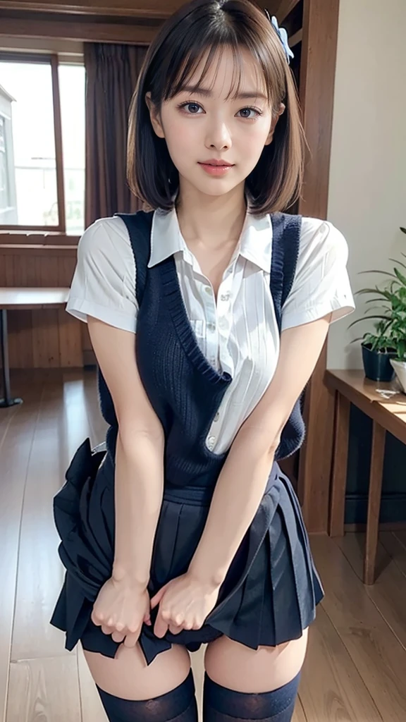 (masterpiece:1.2, highest quality), (realistic, photorealistic:1.4), beautiful illustrations, (natural side lighting, movie lighting), Depth of written boundary,
looking at the viewer, Front view, 1 girl, English, high school girl, 18 years old, perfect face, Cute symmetrical face, shiny skin, open legs,
(bob hair:1.7,blonde), asymmetrical bangs, Big eyes, droopy eyes, long eyelashes chest), thin,
beautiful hair, beautiful face, fine and beautiful eyes, beautiful clavicle, beautiful body, beautiful breasts, beautiful thighs, beautiful feet, beautiful fingers,
((fine fabric texture, brown knit vest, short sleeve white collar shirt, navy pleated skirt, Navy bow tie)),
(beautiful scenery), evening, (Inside the flower shop), Are standing, (smile, Upper grade, open your mouth), (((skirt lift, No panties, genitals visible))), full body shot, dark blue socks,
