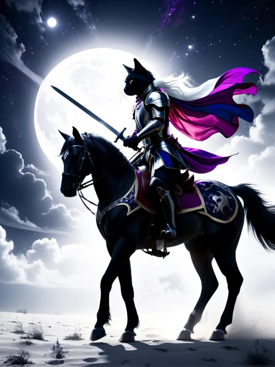 Surrealism, Star光环, Monochrome in the bright embrace of moonlight serenade, ((1 stray cat knight)), Wearing richly decorated cavalry uniform，(The cat knight holds a sword in his hand)，Deep purple accents capture the whispers of the night, Riding on his trust (White steed:1.2), A horse gallops quietly on the whispering plain. Sitting proudly in the saddle,  Compared, Tone, texture, detailed, Star, Colorful halo, Vibrant energy, expressive, dramatic, organic lines and forms, dreamy and mysterious, Surrealism