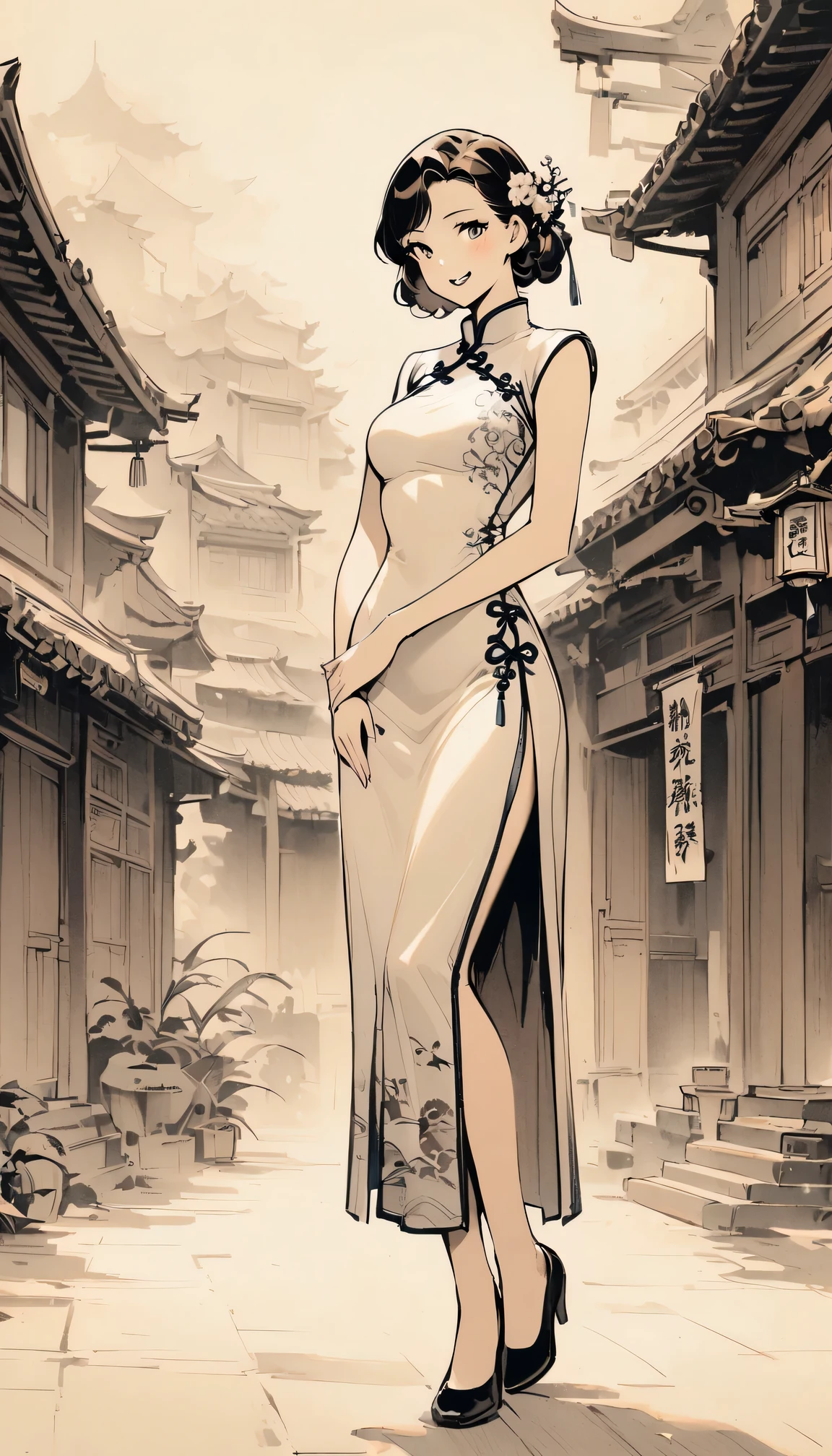 Retro movie style,1940s,Retro,nostalgia,sepia tone,monochrome,a girl,beautiful eyes and lips,playful expression,elegant posture,hair accessories,Chinese traditional clothing cheongsam,Delicate shoes,whole body,Standing in Chinatown,wooden building,Shadows and Highlights,Subtle Retro Film Grain。