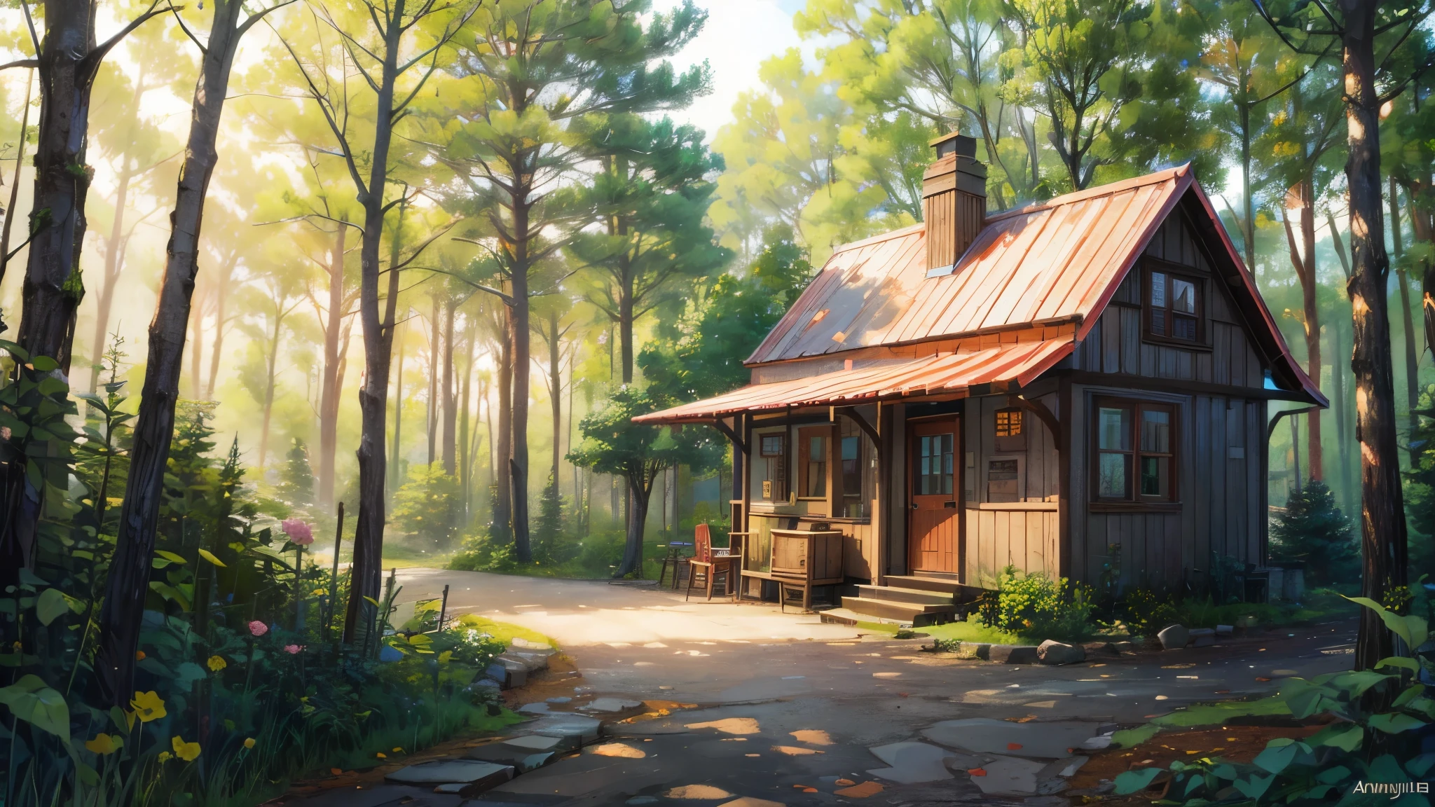 tiny cute restaurant deep in the woods,cute,fairy tale, birds,flowers,scenery,sunlight,trees,((pastel colors)),cottage,red brick roof,forest focus