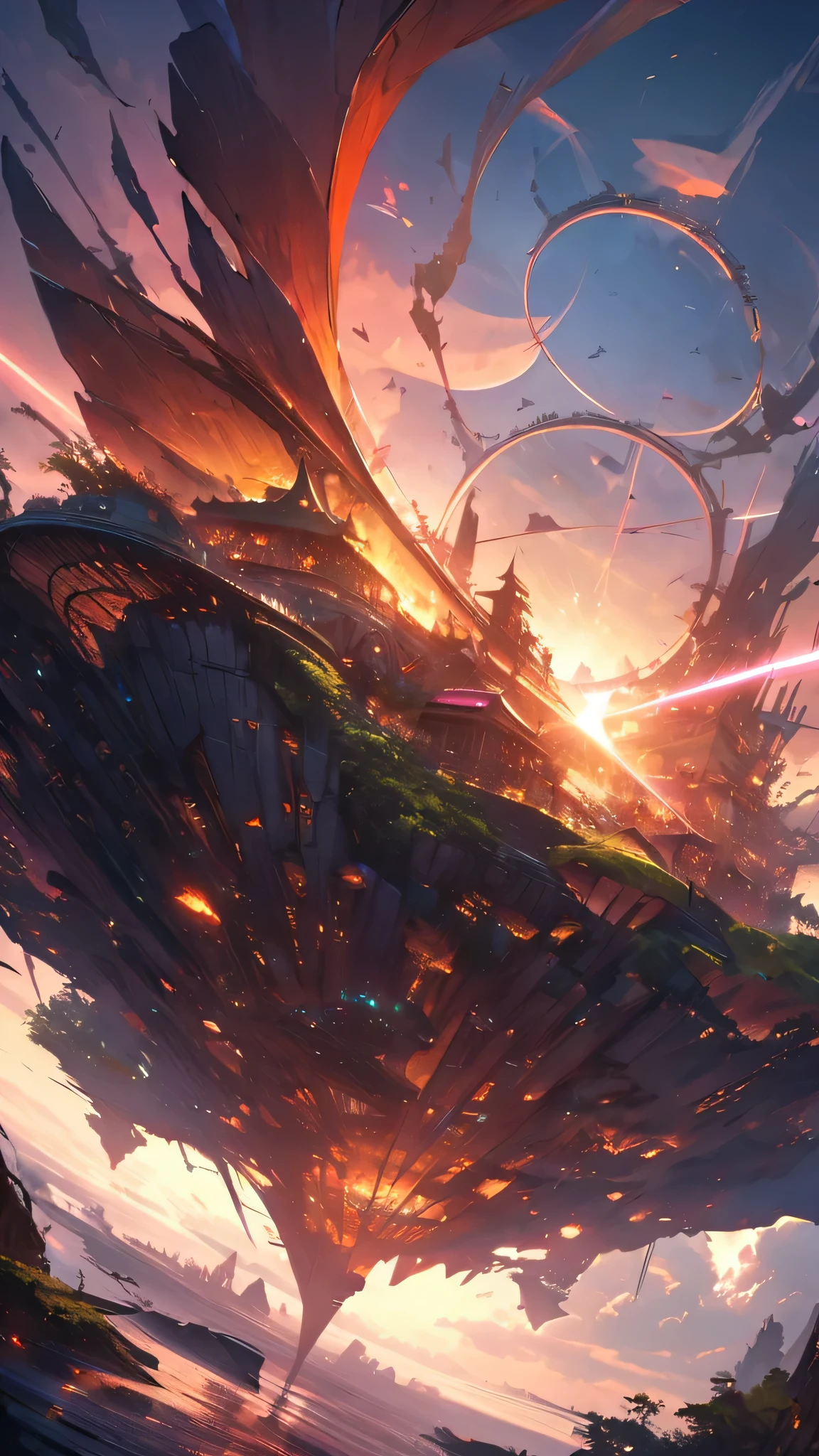 Many islands are suspended in the air with many small airships flying around, cities, fantasy, magical plants growing, extreme details, realistic light, epic composition, (complex details), (complex design, ultra-details :1.2), Art Station, (Masterpiece, Best Quality), Ultra HD, 32k --v 6