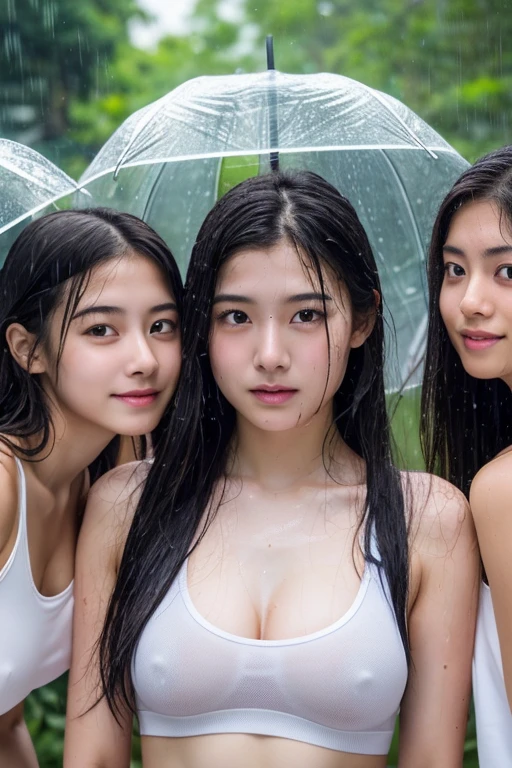 8K masterpiece,highest quality,(realistic:1.2),(Upper body:1.1),(looking at the viewer:1.3),W3T,Wet thin shirt,(beautiful face:1.2),long hair,(sweaty skin:1.2),(scatter:1.2),(Heavy rain storm:1.2),A trio of idol-like young faces,Small beautiful breasts,small areola,3 cute 18 year old Japanese girls,3 people doing the splits