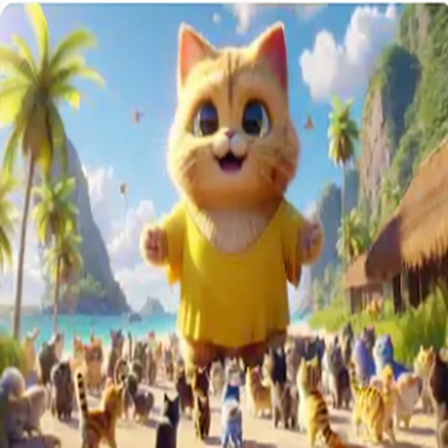Araphide cat wearing a shirt standing in front of the crowd, new cats movie, Cartoon, Movie promotional pictures, cartoon scene, 3 d cartoon, cartoon, Meow, bubble visual effects, Movie screenshots, Official, Paul Long, Scenes from live action movies, Garfield, Avatar picture, cartoon still