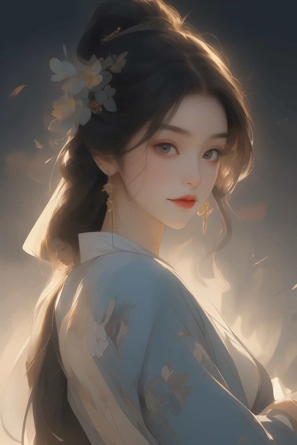 Illustration style: A mesmerizing blend of award-winning art and the Traditional Chinese painting style, boasting intricate detail and flowing brushstrokes, created by the renowned artist Agnes Cecile. Rich in layers, this artwork showcases the perfect fusion of modern art and classical Chinese painting. In this full-body view, we behold the image of a beautiful Chinese girl with an extremely beautiful countenance, embodying the classical beauty of the East. Her long, silken hair cascades down her back, adorned with scattered watercolors, creating a mesmerizing depth of field that adds to the masterpiece scale. The girl wears a translucent crystal sculpture glitch