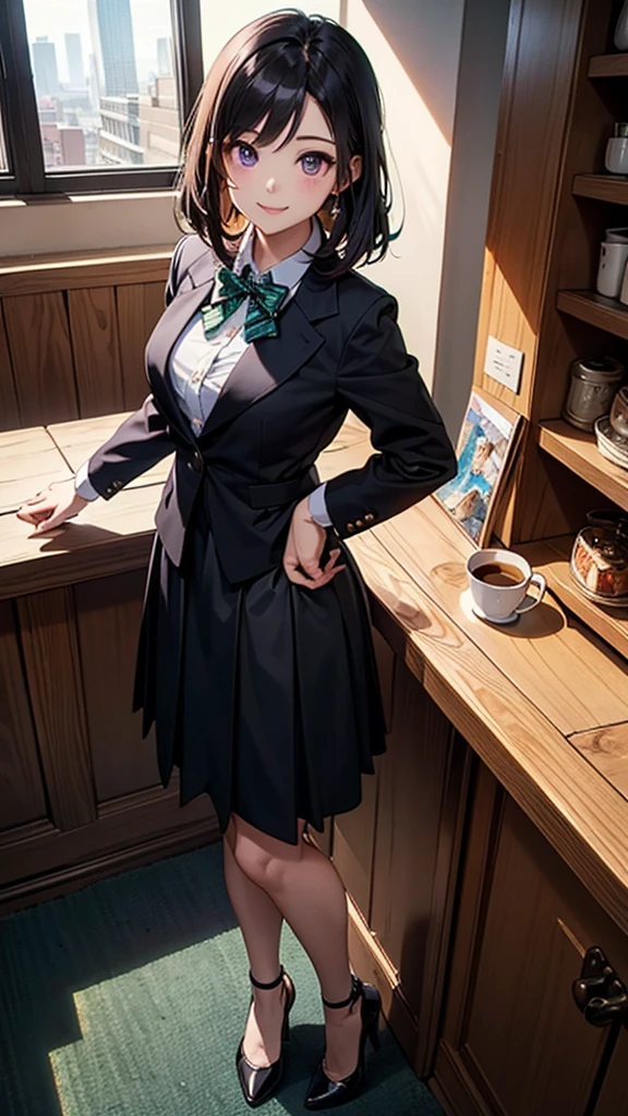 (最高masterpiece, highest quality,official art),(attractive woman),((masterpiece, highest quality))、 woman alone、((28 years old))、Head to knee、attractive woman、smile、purple eyes、black hair、Half-up hairstyle、black suit、black long skirt、A bow tie、Emerald green stone in the center of the tie、Are standing、 coffee shop、aerial perspective、great illustrations、Light、Light、Light、
