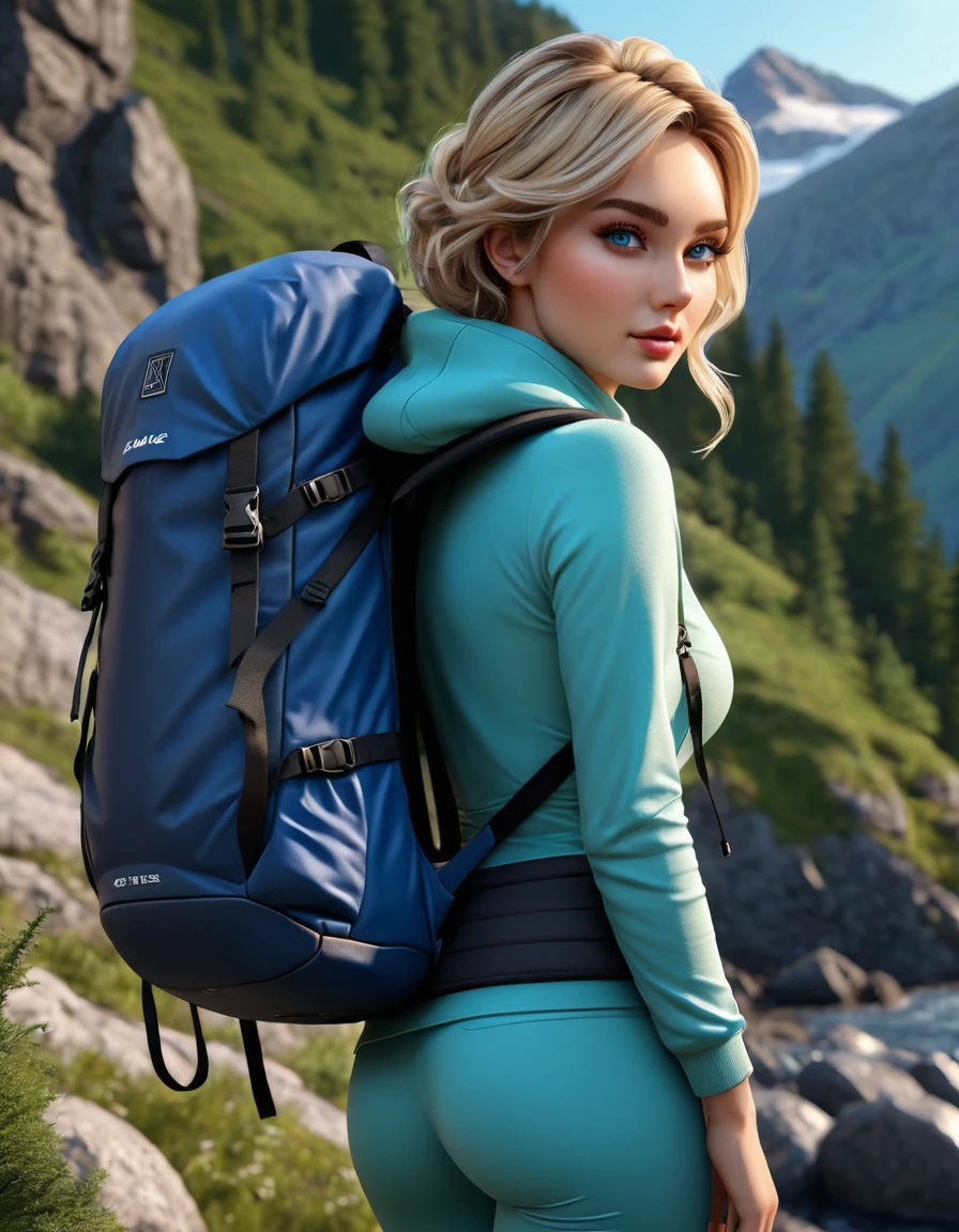 a girl in warm dressed hiking clothes with a large hiking backpack behind her back against the backdrop of forest mountains, Young adult, [Nordic:Icelandic:0.5], age 25, girl height 190 cm, Hourglass elongated sexy fitness body, perfect Olive skin, Oval Face, Long neck, Rounded shoulders, long slim fitness arms, Attached Pointed ears, round forehead, Short blonde Beach Waves pixie haircut Parting centre hair, snub nose, Arched Thin eyebrows, Monolid Eyes, High Round Narrow Symmetrical cheekbones, Dimpled Cheeks, Rounded Chin, Rounded Jawline, Fine Puppet Wrinkles, Smooth Nasolabial Folds, Full nude Lips, (blue eyes), Nude Makeup Look, long eyelashes, Hourglass-shaped hips, fitness round ass, Slim thighs, long slim fitness legs, Round , third breast size, Linear Hourglass-shaped abs,  8k, vray, IMax, hyperrealism, perfect light, bokeh Carl Zeiss 85mm, small depth of field, photorealistic, masterpiece, high resolution, best quality, cinematic shot, ultra-detailed, super realistic, Hyperrealistic art, high-quality, ultra high res, highest detailed, lot of details, Extremely high-resolution details, photographic, realism pushed to extreme, incredibly lifelike,

atmospheric perspective (focus on face),
realistic skin, soft light, detailed skin, colourful, soft cinematic light, 
