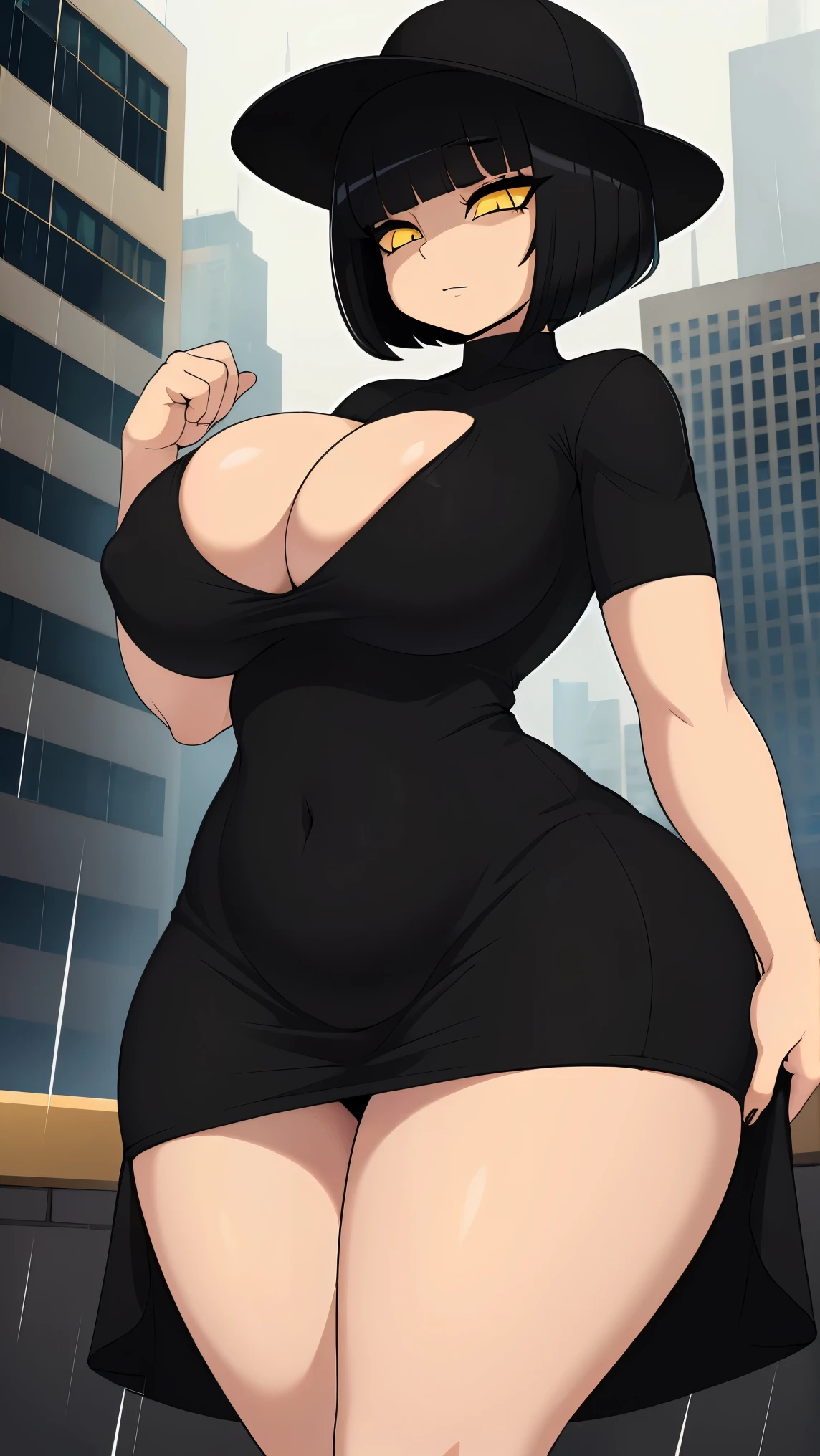 Young girl, black bob haircut, yellow eyes, Detroit city, rain falling. 4k, masterpiece, HD ((thicc)) ((huge tits)) good hands ((good Anatomy)) good face Which hat small black dress short hair covering eyes black lipstick long black glows 