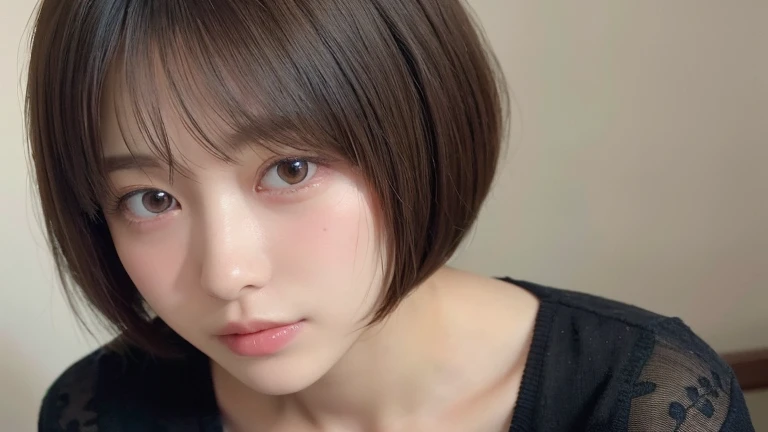 (bob cut hair:1.2),(wearing a blouse:1.2),1 girl,Japanese,21 years old,(small breasts:1.3),(highest quality,masterpiece:1.3,超A high resolution,),(Super detailed,caustics),(Photoreal:1.4,RAW shooting,)ultra-realistic capture,very detailed,High resolution 16K human skin close-up。 natural skin texture、,The pores are、、、、、、、、Must be detailed enough to be easily identified。 Skin should look even-toned and healthy。 Use natural light and color, sad expression, look at the camera, perfect dynamic composition, my room