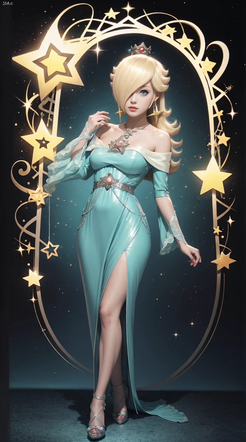 25-year-old Caucasian woman、ash blonde、blue eyess、Semi-long、setting hair、I'm tying my hair、My hair is wavy、Slender but thin macho、accessories on the wrist、wearing a chain necklace、Beautiful breasts、a smile、I need space above my head、Wearing a high-leg retard、Wearing heels、Rosalina